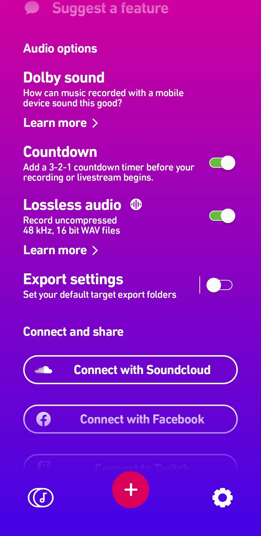 Menu cài đặt của ứng dụng Dolby On với tùy chọn bật/tắt hẹn giờ ghi âm Countdown