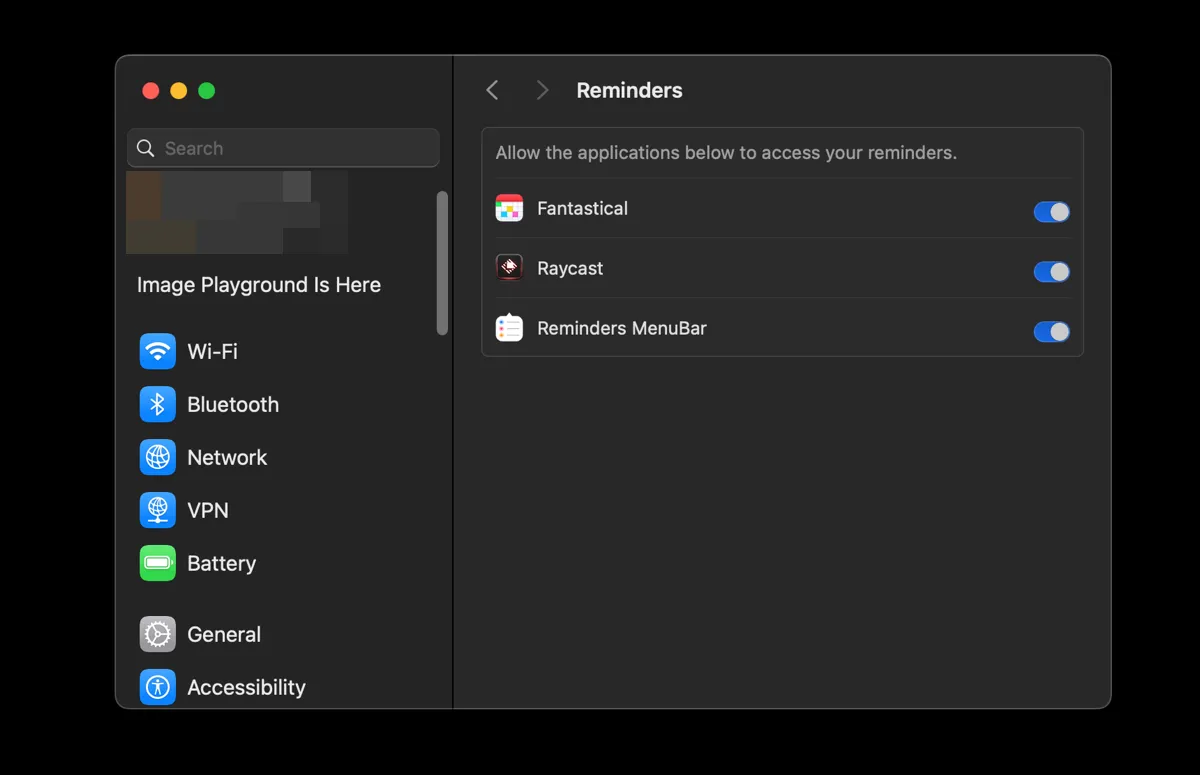 Menu Cài đặt Hệ thống (System Settings) trên Mac, hiển thị tùy chọn cấp quyền truy cập cho ứng dụng Reminders MenuBar.