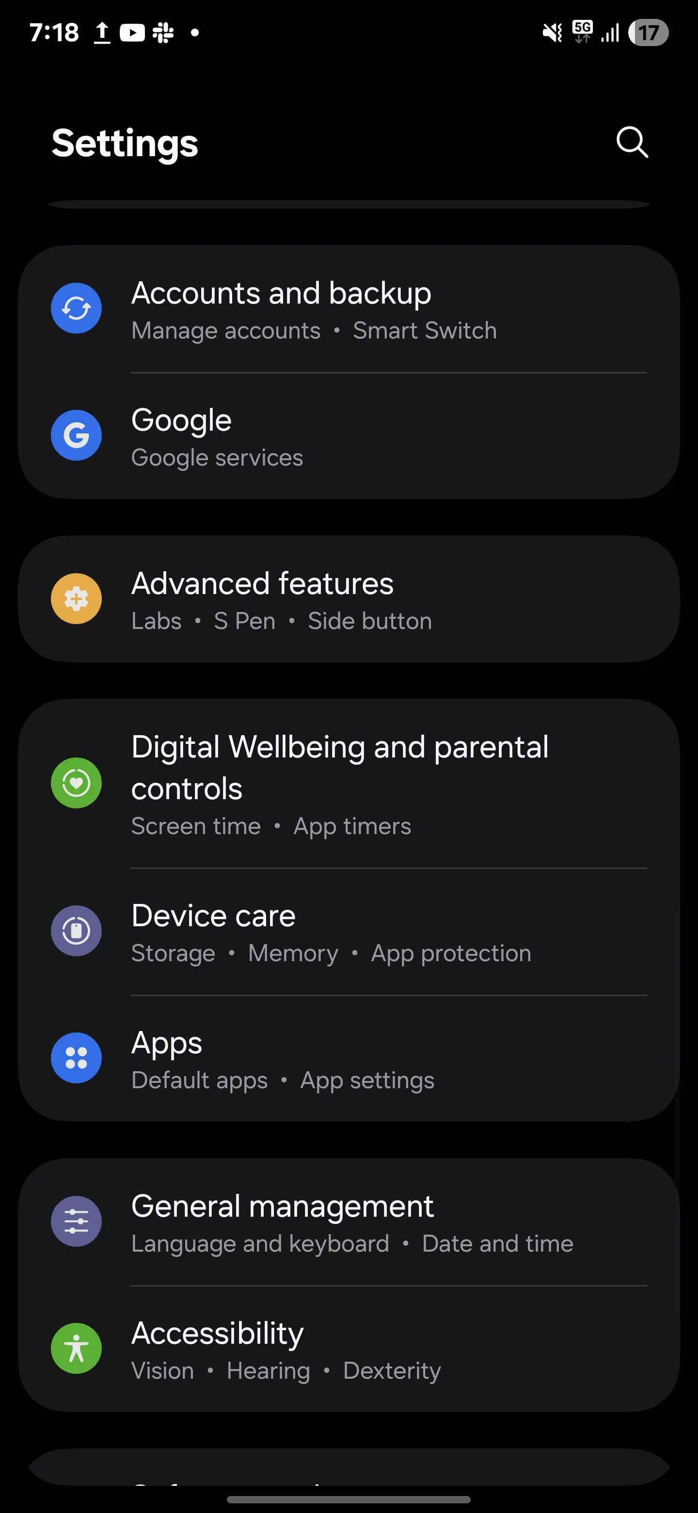 Menu Cài đặt nâng cao của điện thoại Samsung.