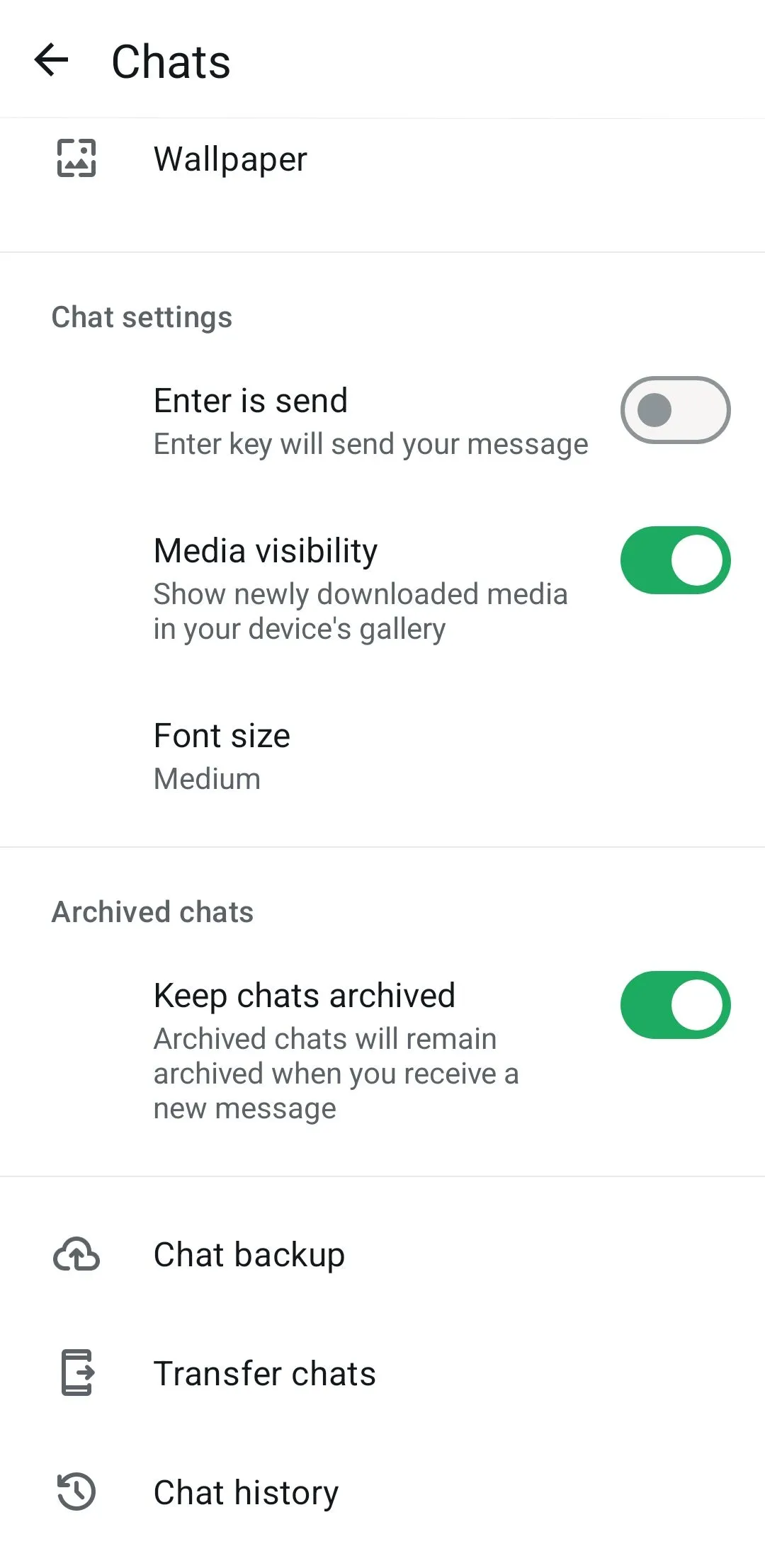 Menu cài đặt trò chuyện WhatsApp trên Android
