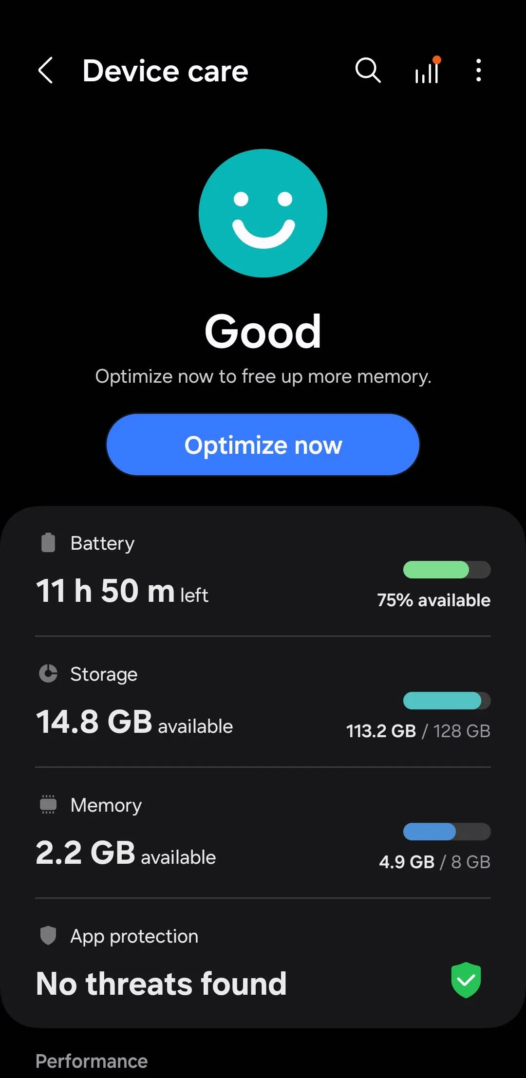 Menu chăm sóc thiết bị trên điện thoại Samsung Galaxy