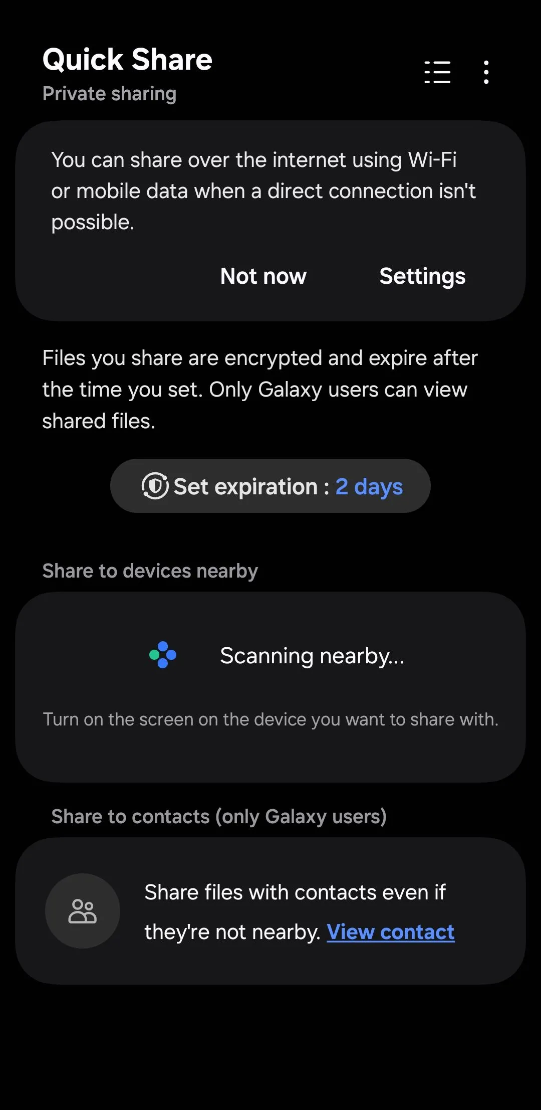 Menu chia sẻ riêng tư (Private Share) trên điện thoại Samsung