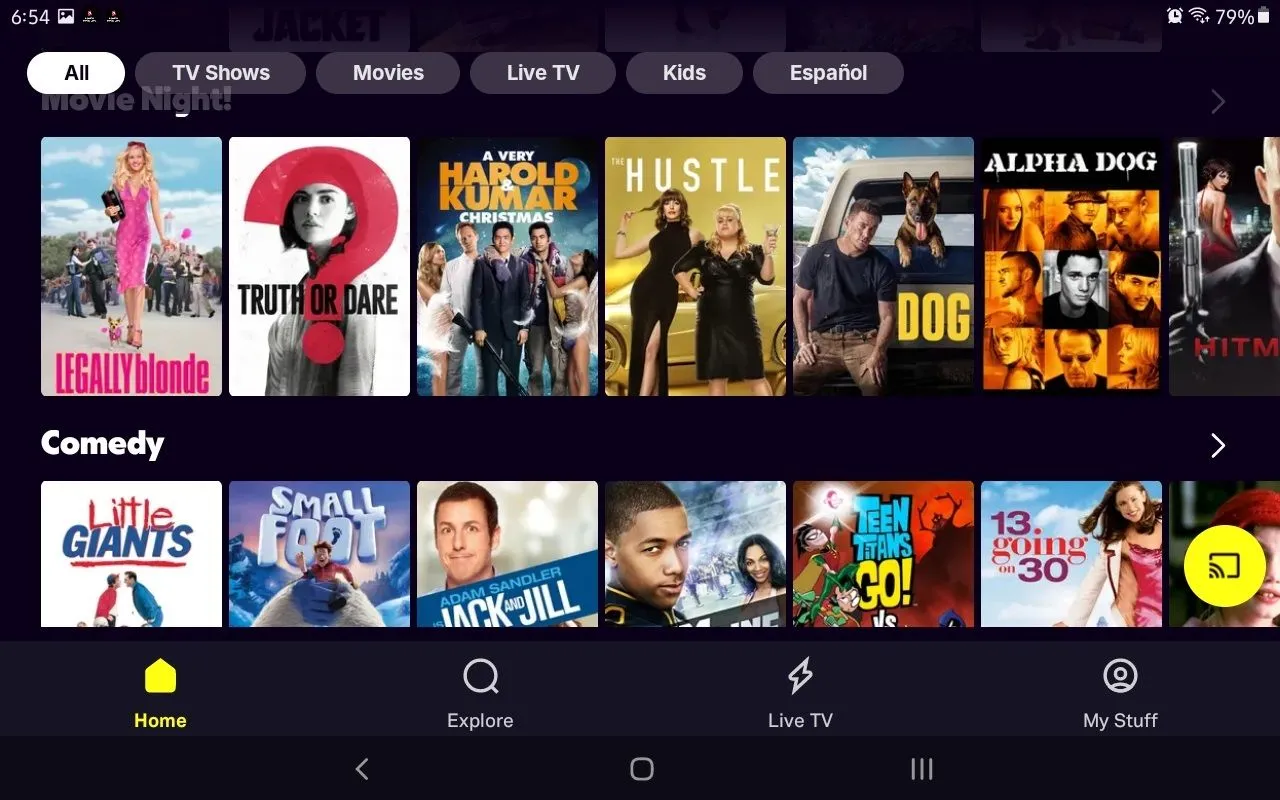 Menu chính của Tubi TV với các lựa chọn phim, chương trình và kênh trực tiếp, cho thấy giao diện người dùng thân thiện của dịch vụ streaming miễn phí này.