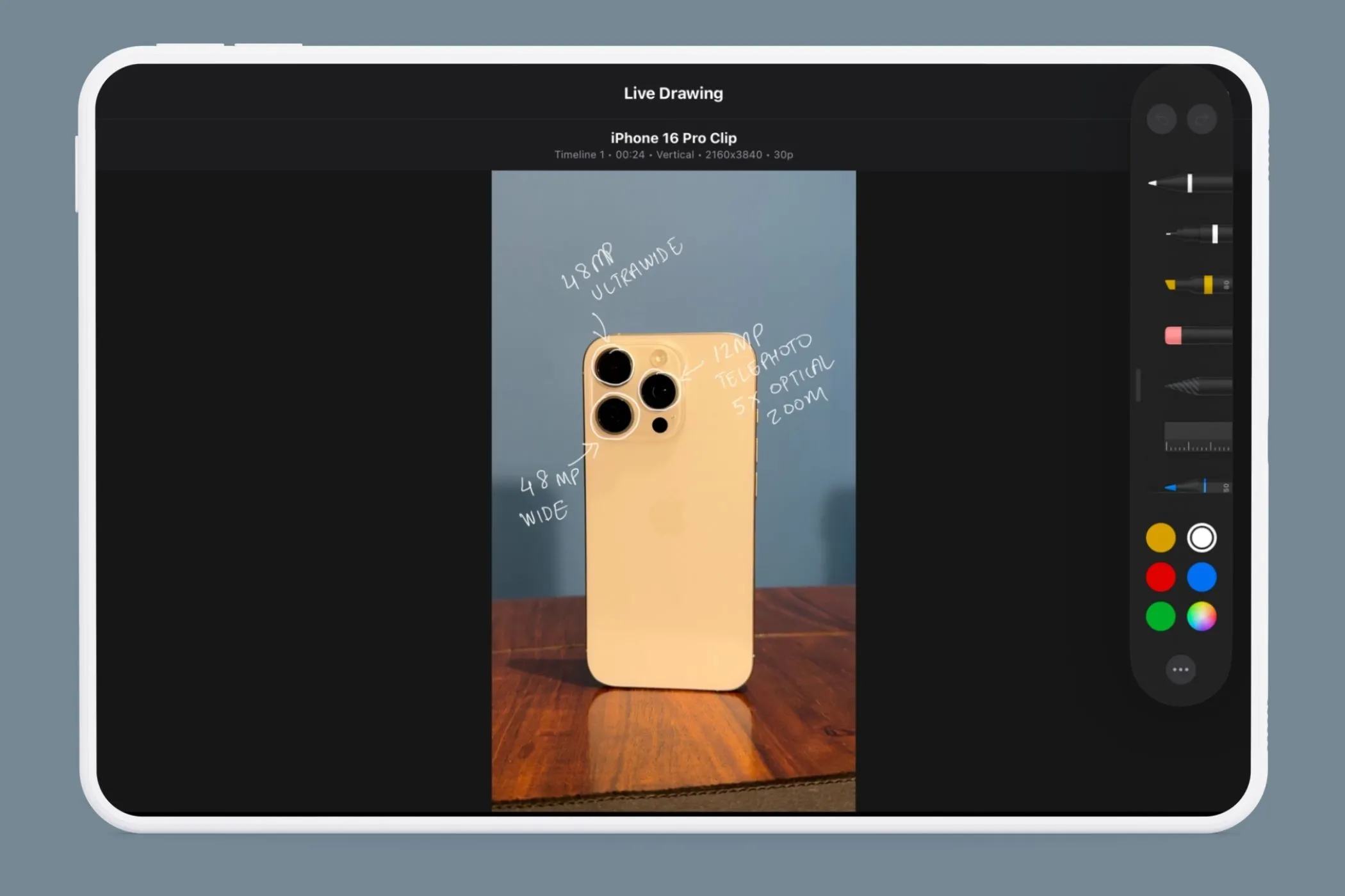 Menu công cụ Live Drawing trong Final Cut Pro iPad với các lựa chọn bút vẽ