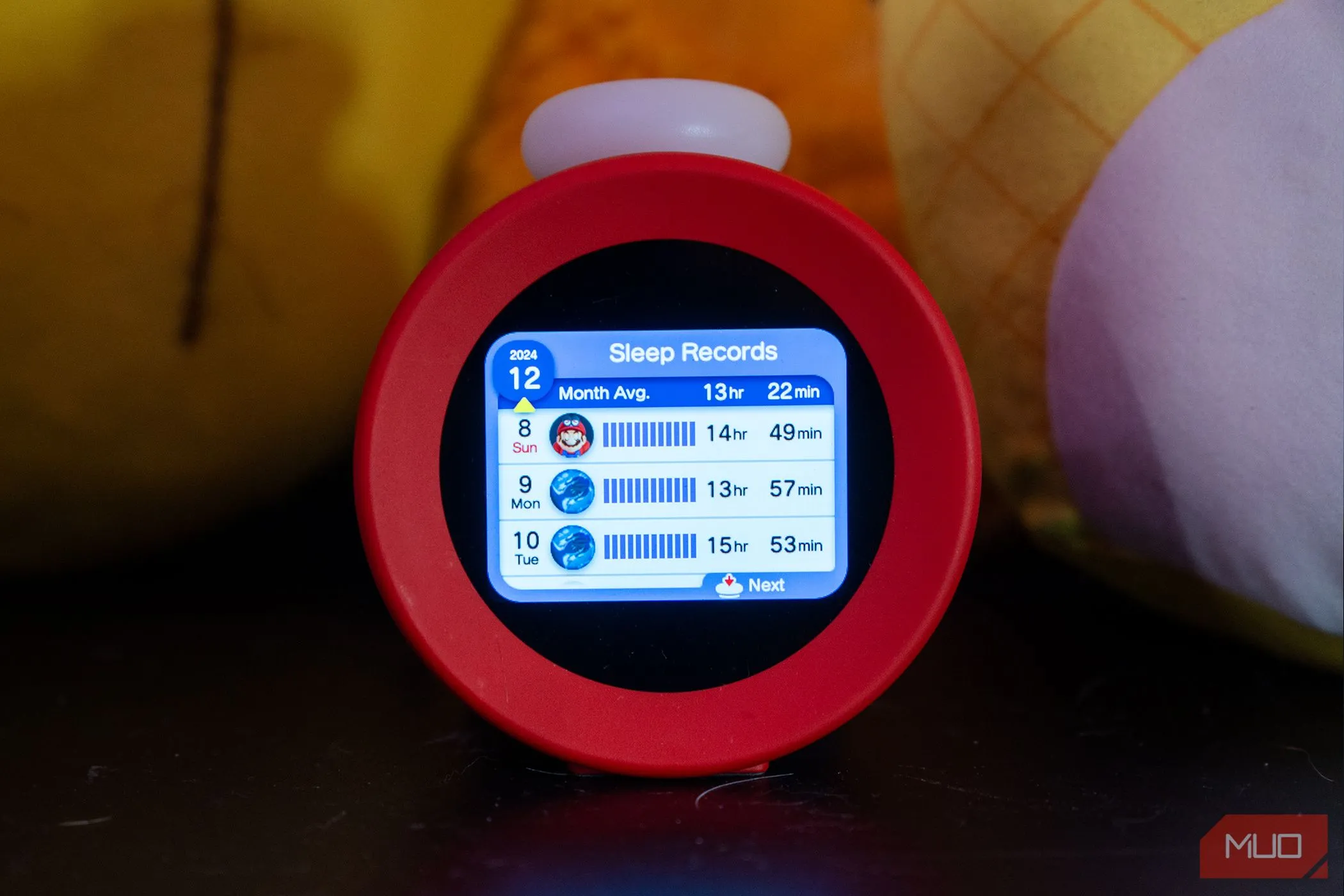Menu ghi nhận dữ liệu giấc ngủ của Nintendo Alarmo với số liệu bị sai lệch do vật nuôi.