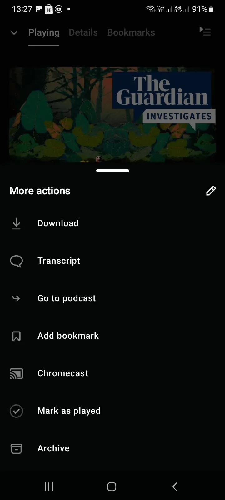 Menu hành động của ứng dụng Pocket Casts