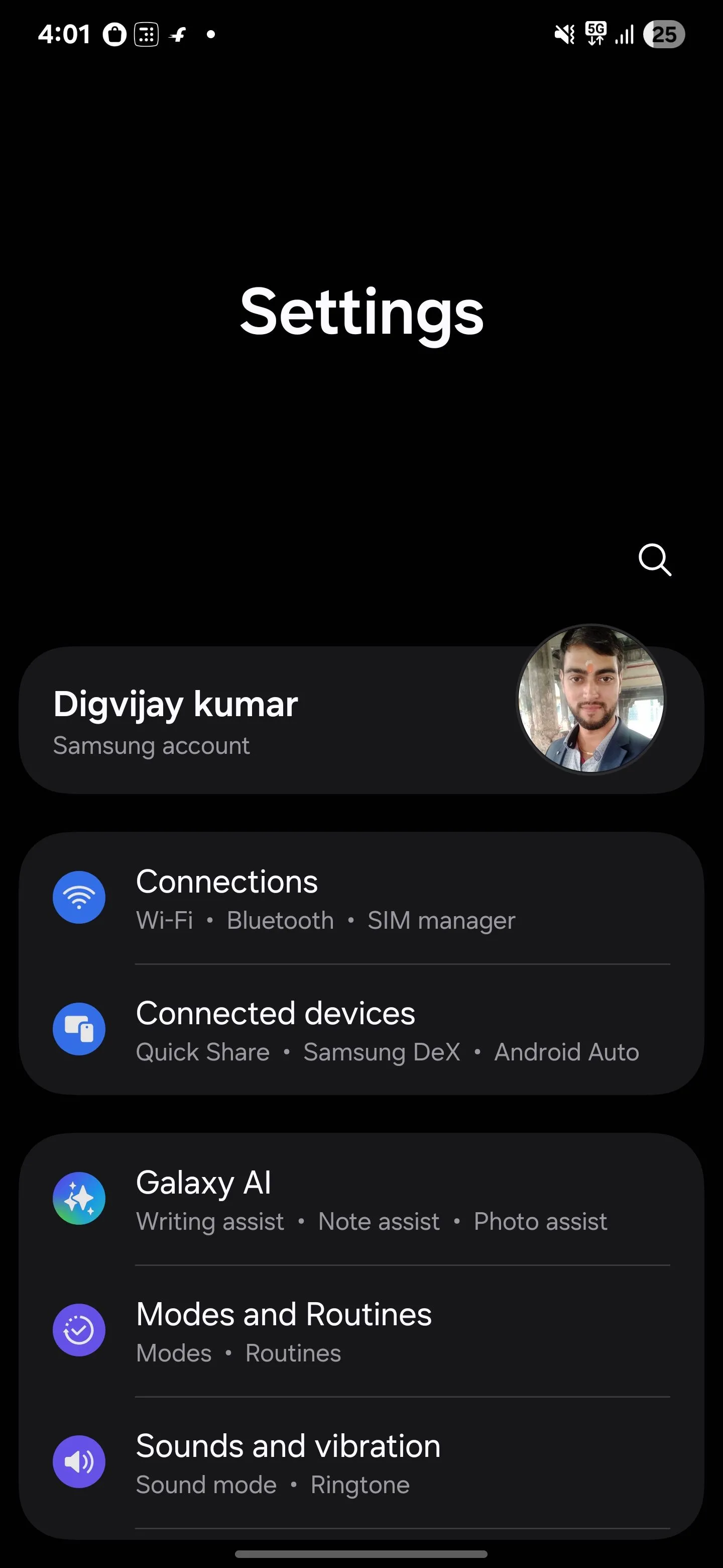 Menu Kết nối trong cài đặt điện thoại Samsung.