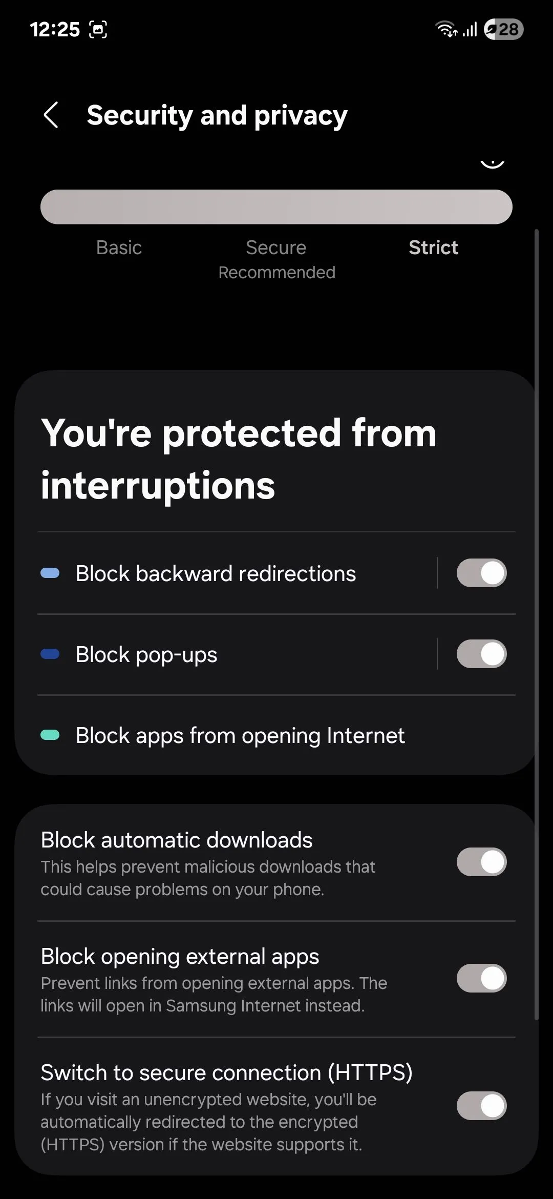 Menu riêng tư trên Samsung Internet với chế độ bí mật được bảo vệ bằng sinh trắc học.
