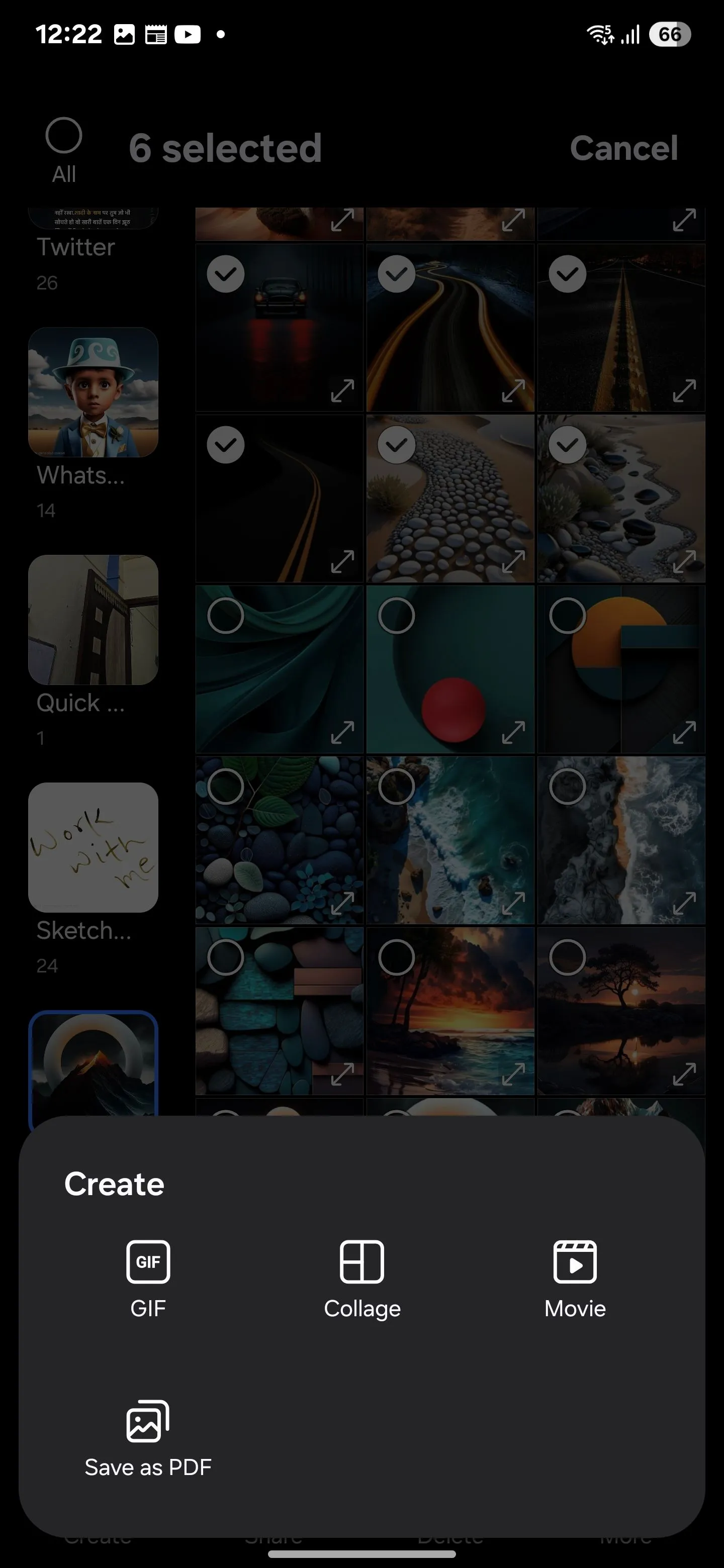 Menu Tạo với các tùy chọn GIF, COLLAGE, MOVIE và Lưu dưới dạng PDF hiển thị trong Samsung Gallery