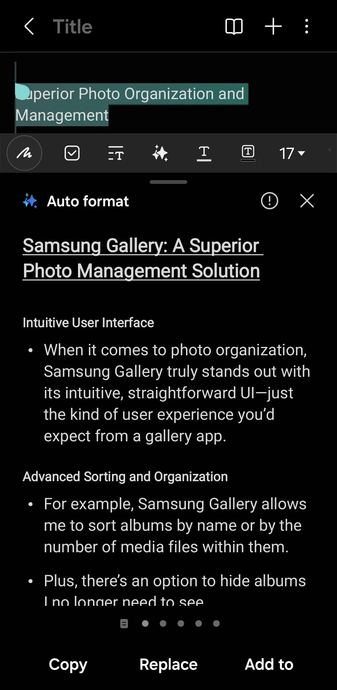 Menu tùy chọn định dạng tự động trong ứng dụng Samsung Notes của Galaxy AI