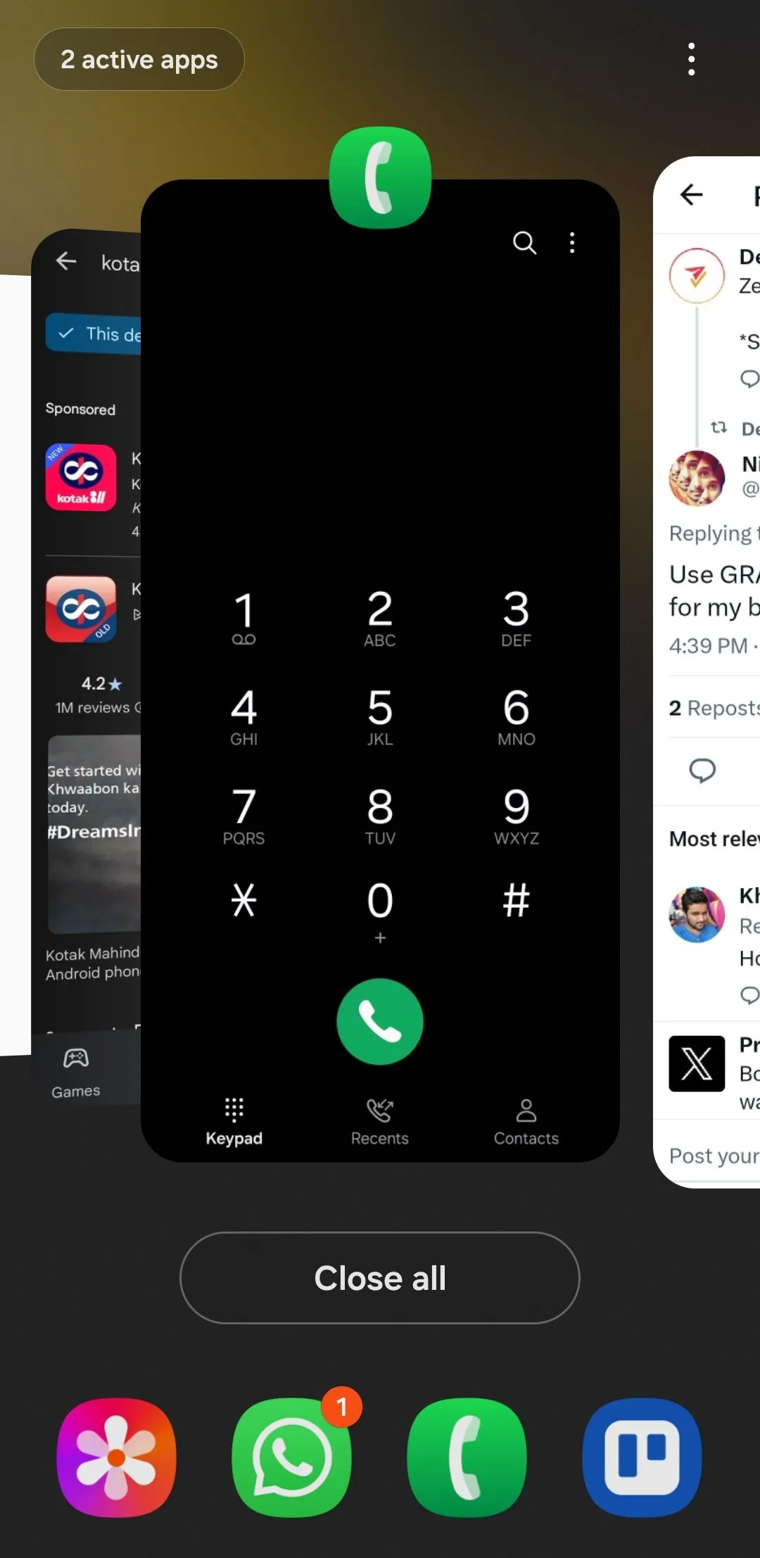 Menu ứng dụng gần đây trên điện thoại Android