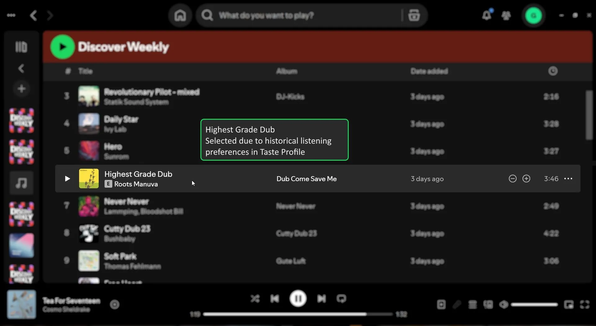 Mô phỏng giao diện Spotify Weekly Discover hiển thị lý do bài hát được đề xuất