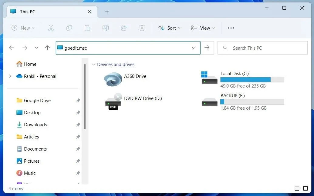 Mở Trình chỉnh sửa Chính sách Nhóm Cục bộ từ File Explorer