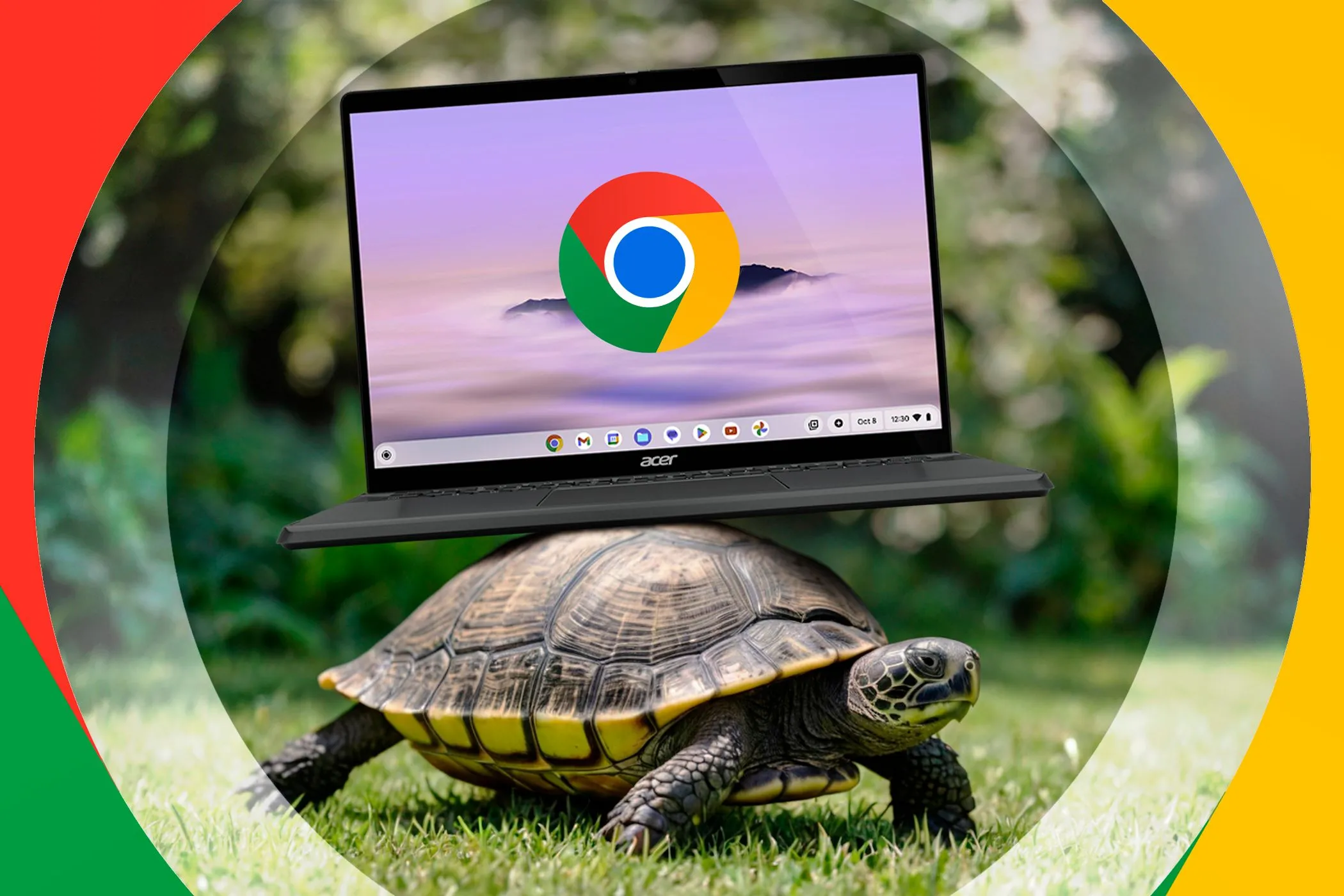 Một chú rùa đang cõng chiếc Chromebook trên mai, tượng trưng cho hiệu năng chậm chạp hoặc sự kiên nhẫn khi xử lý tác vụ nặng trên Chromebook