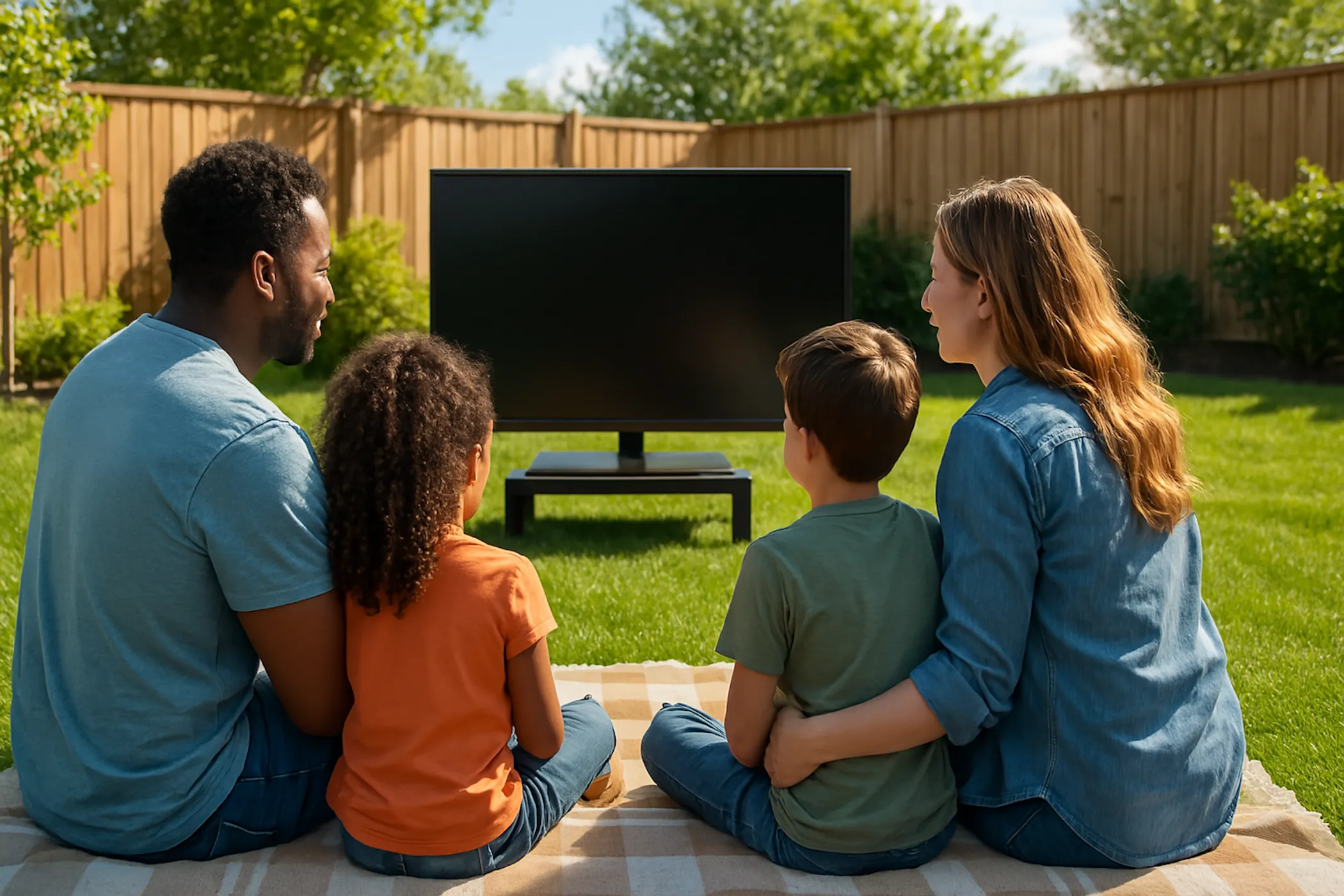 Một gia đình đang xem TV thông minh ngoài trời dưới ánh nắng mặt trời rực rỡ