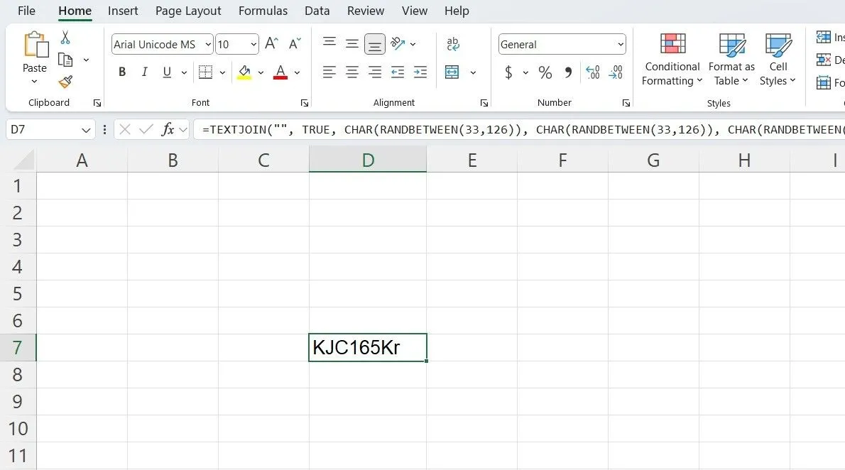Một ô trong bảng tính Excel hiển thị kết quả của công thức tạo mật khẩu ngẫu nhiên 8 ký tự, bao gồm chữ cái, số và ký tự đặc biệt, thể hiện khả năng sinh dữ liệu ngẫu nhiên.