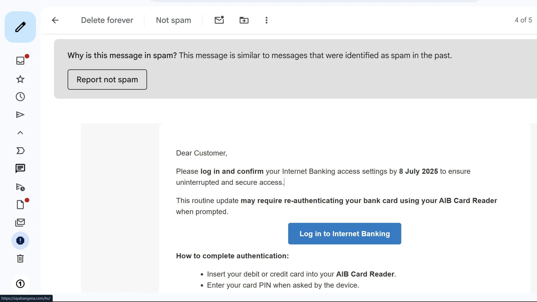 Một ví dụ về email rác chứa liên kết lừa đảo tiềm ẩn, thường sử dụng URL rút gọn để che giấu mục đích xấu.