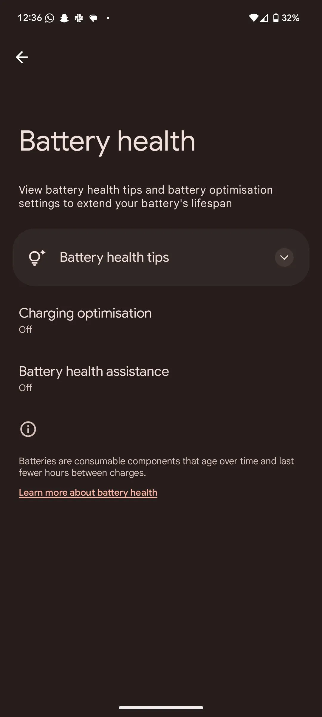 Mục Tình trạng pin (Battery health) trong cài đặt Android 16