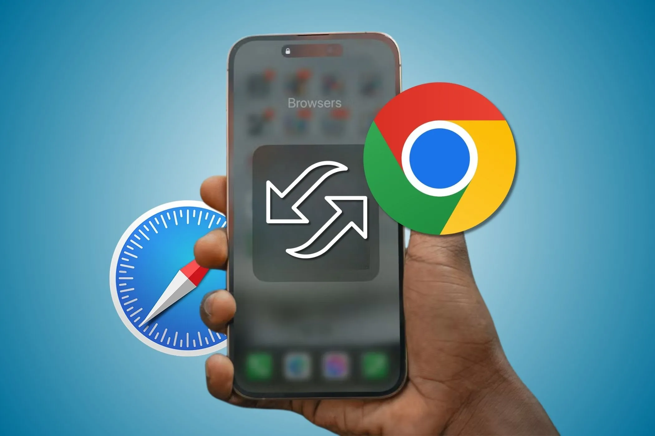Người dùng cầm iPhone, minh họa việc chuyển đổi giữa các trình duyệt như Safari và Chrome.