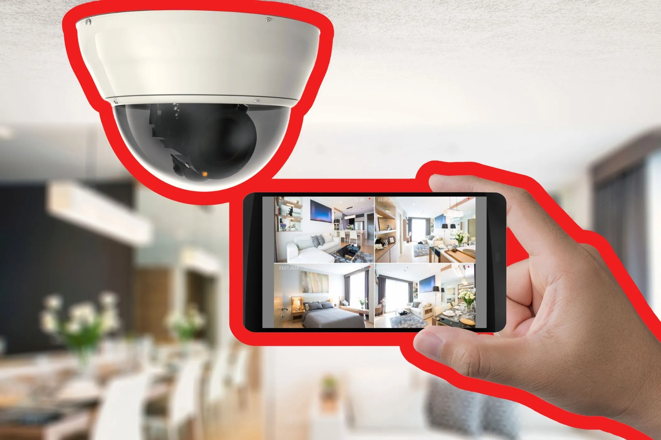 Người dùng đang xem trực tiếp hình ảnh từ camera an ninh thông minh trên điện thoại, minh họa chức năng giám sát nhà từ xa.