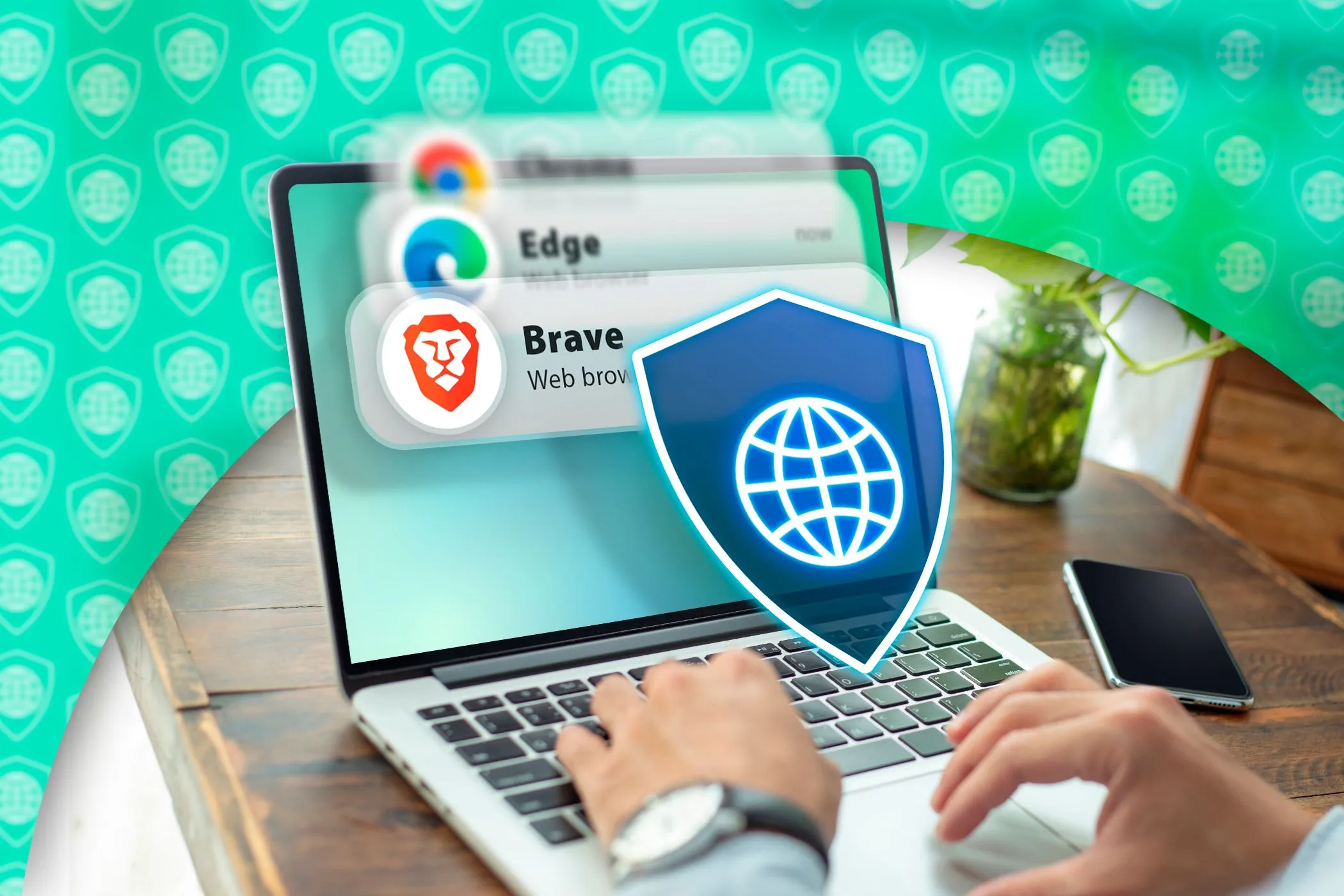 Người dùng laptop với các biểu tượng trình duyệt và biểu tượng bảo mật phía trước màn hình.