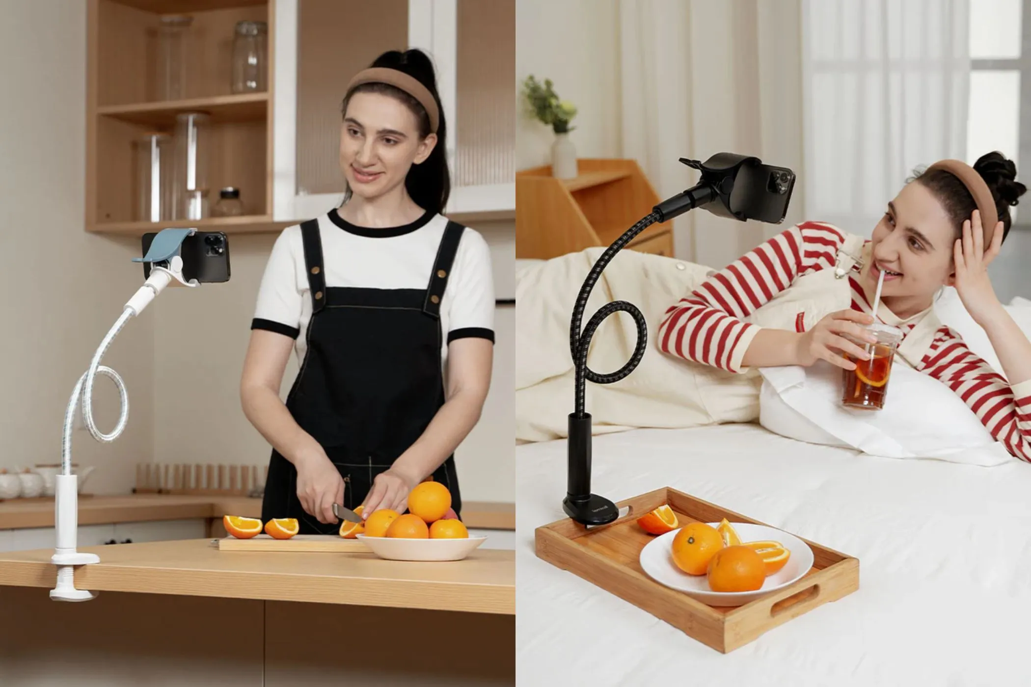 Người phụ nữ thoải mái dùng giá đỡ điện thoại cổ ngỗng Lamicall khi nấu ăn và thư giãn