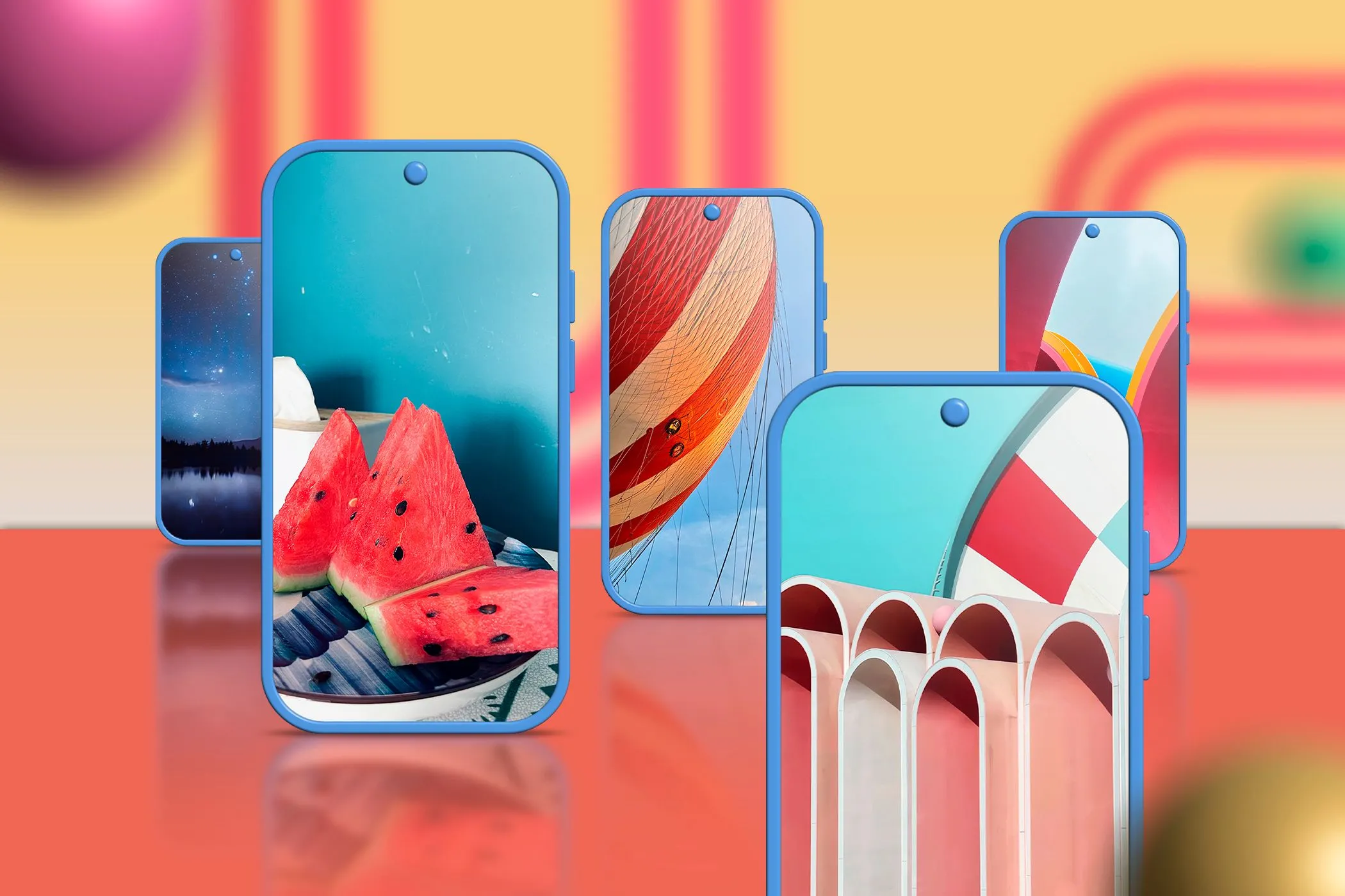 Nhiều mẫu điện thoại Android hiển thị các hình nền khác nhau, minh họa khả năng tùy biến đa dạng