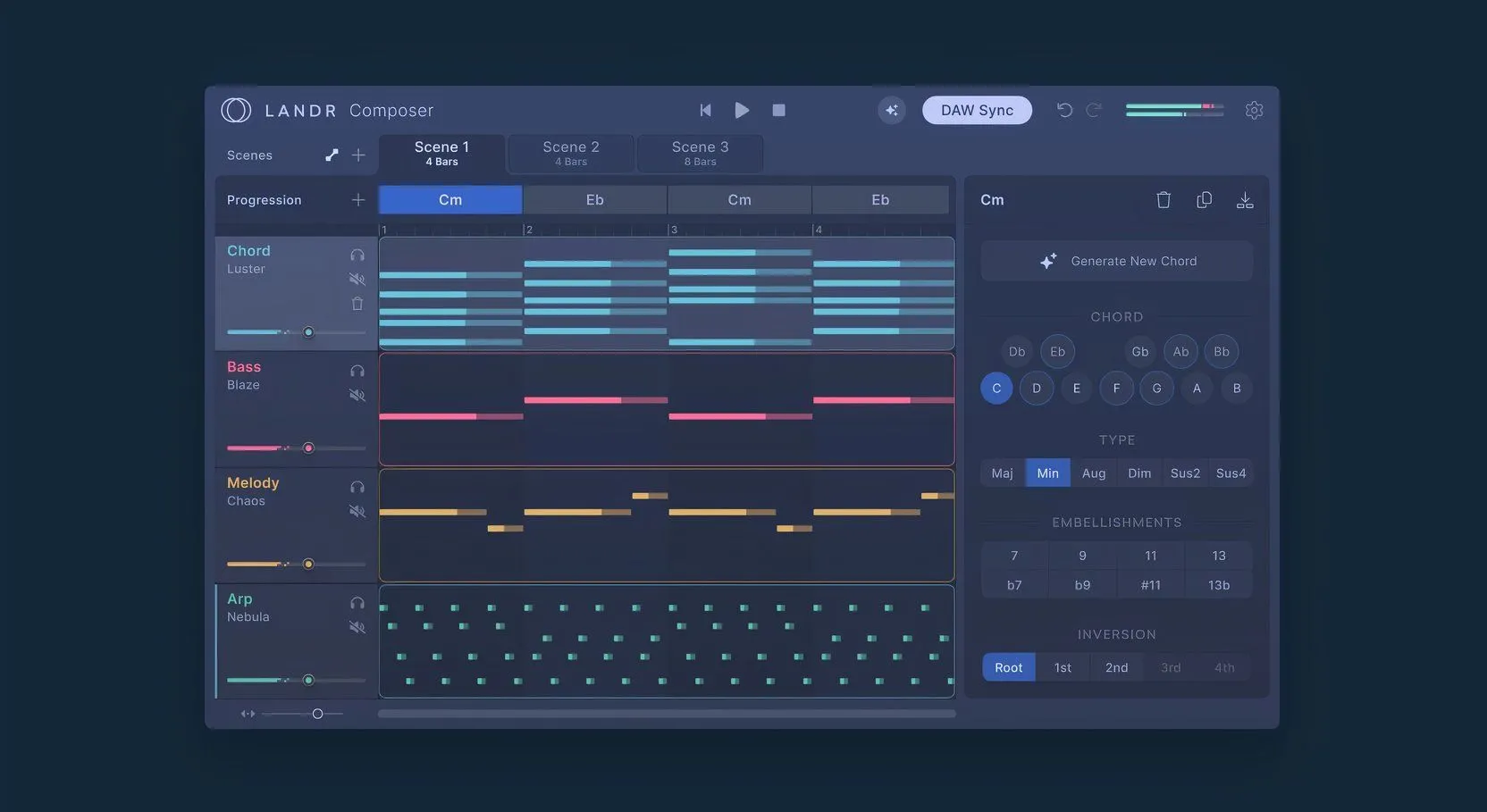 Plugin LANDR Composer hiển thị các thành phần bài hát như arpeggios, basslines, melodies và beats.