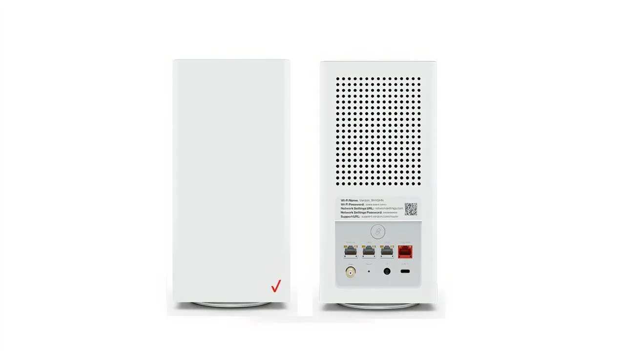 Router Verizon màu trắng, hiện đại, đặt thẳng đứng trên một bề mặt