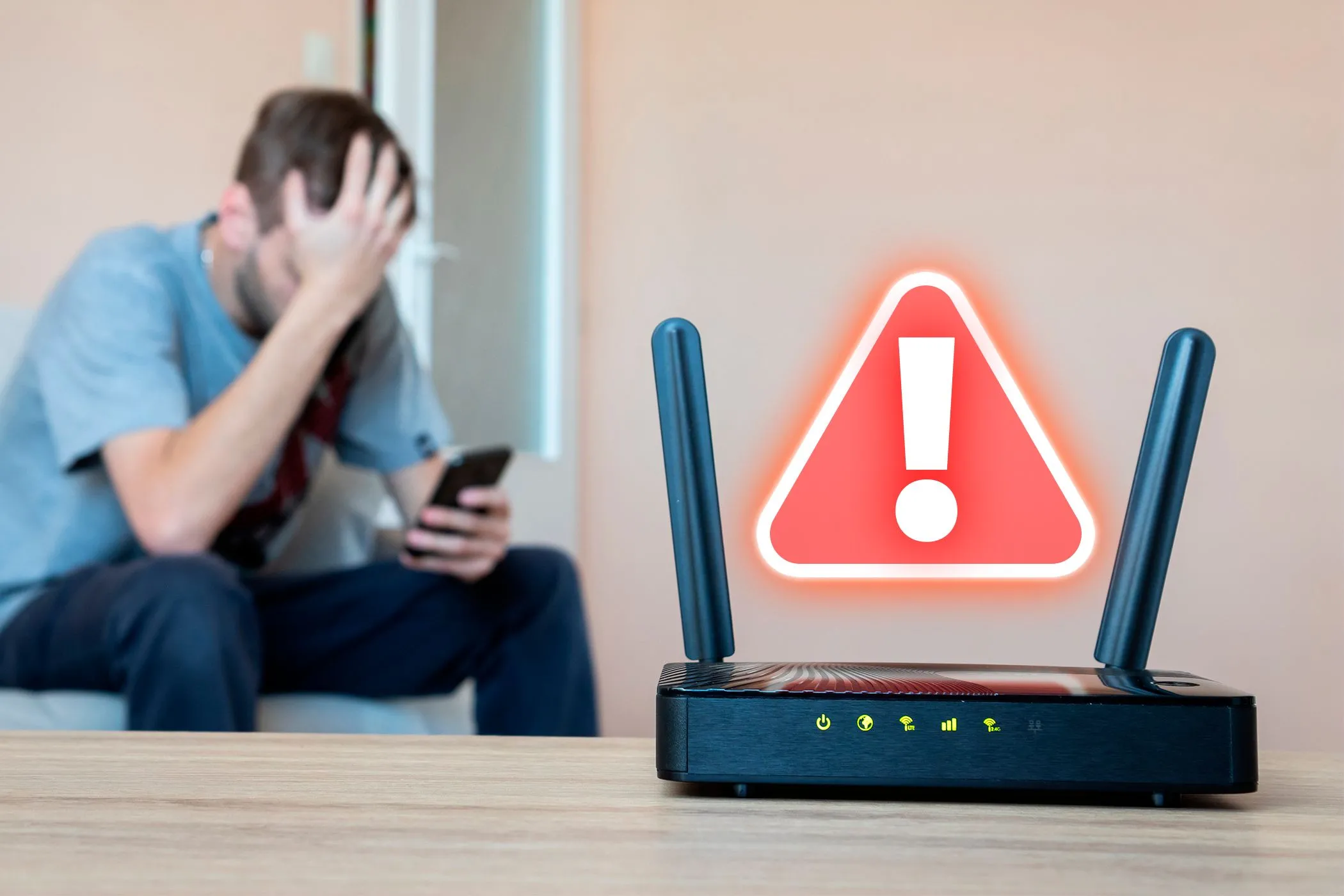 Router Wi-Fi với biểu tượng cảnh báo và người dùng khó chịu ở hậu cảnh