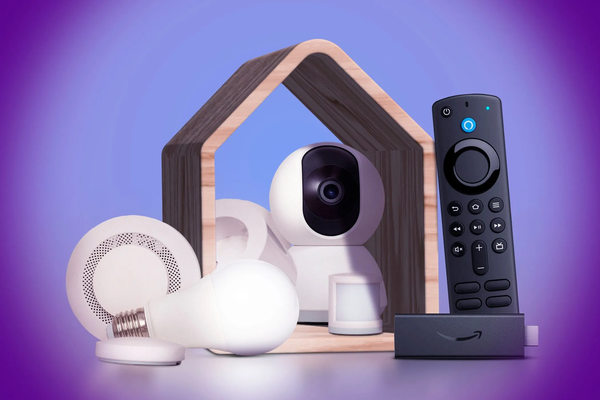 Some smart home devices, such as a camera, light bulb, sensor button, and streaming device.