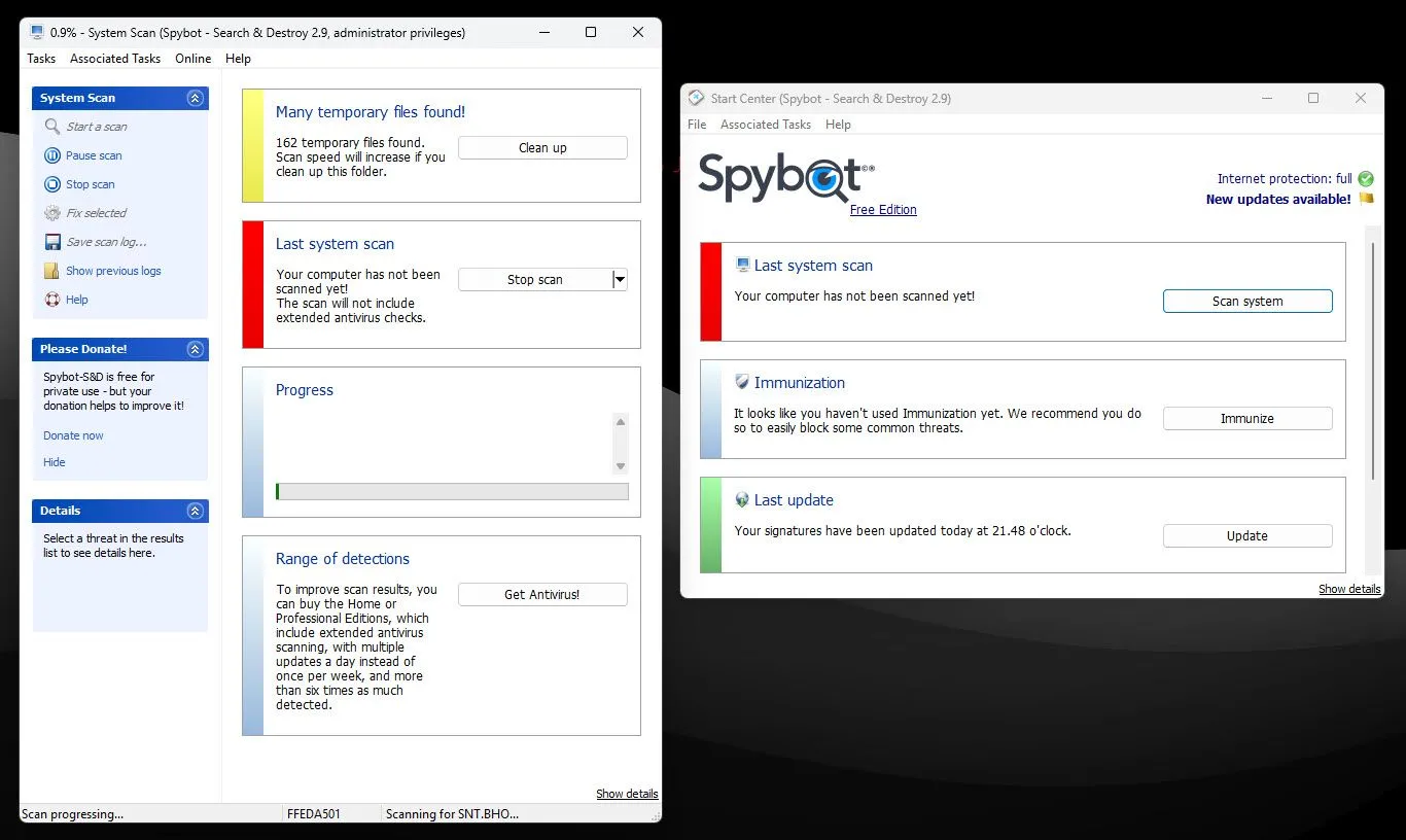 Spybot – Search &amp; Destroy hiển thị quá trình quét để tìm và loại bỏ các phần mềm gián điệp, quảng cáo trên máy tính Windows.