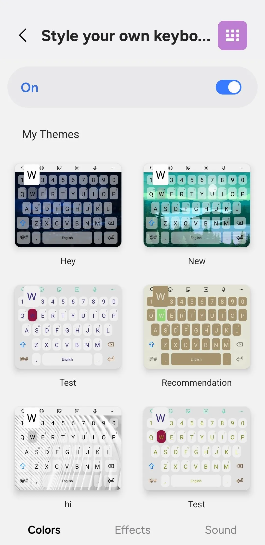 Tab Màu sắc trong ứng dụng Keys Cafe, cho phép tùy chỉnh màu bàn phím Samsung.