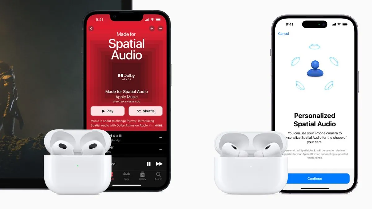 Tai nghe AirPods 3 và AirPods Pro 2 kết nối với iPhone 13 và iPhone 14 Pro, minh họa tính năng Âm thanh không gian.