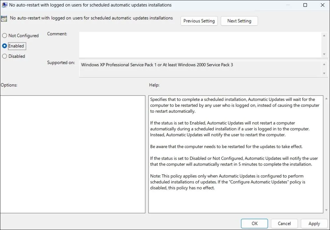 Tắt chính sách tự động khởi động lại sau cập nhật trong Local Group Policy Editor