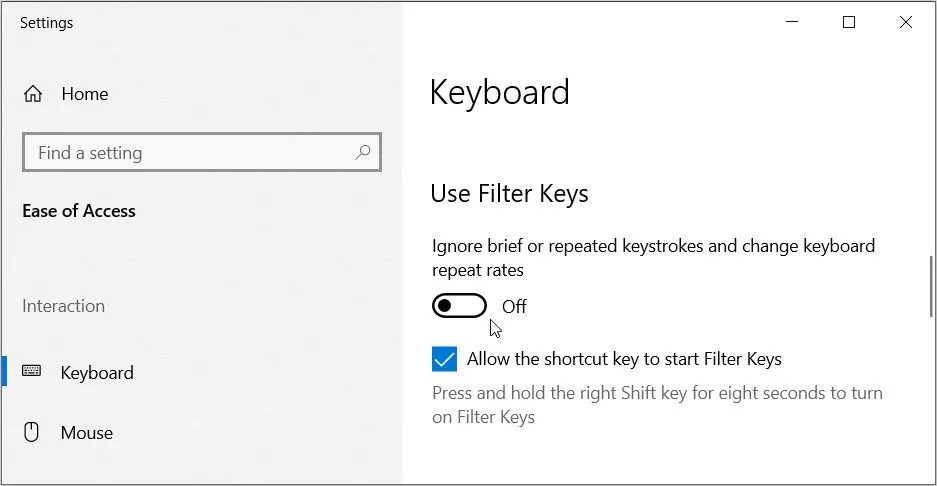 Tắt nút Sử dụng Khóa Bộ lọc (Use Filter Keys)