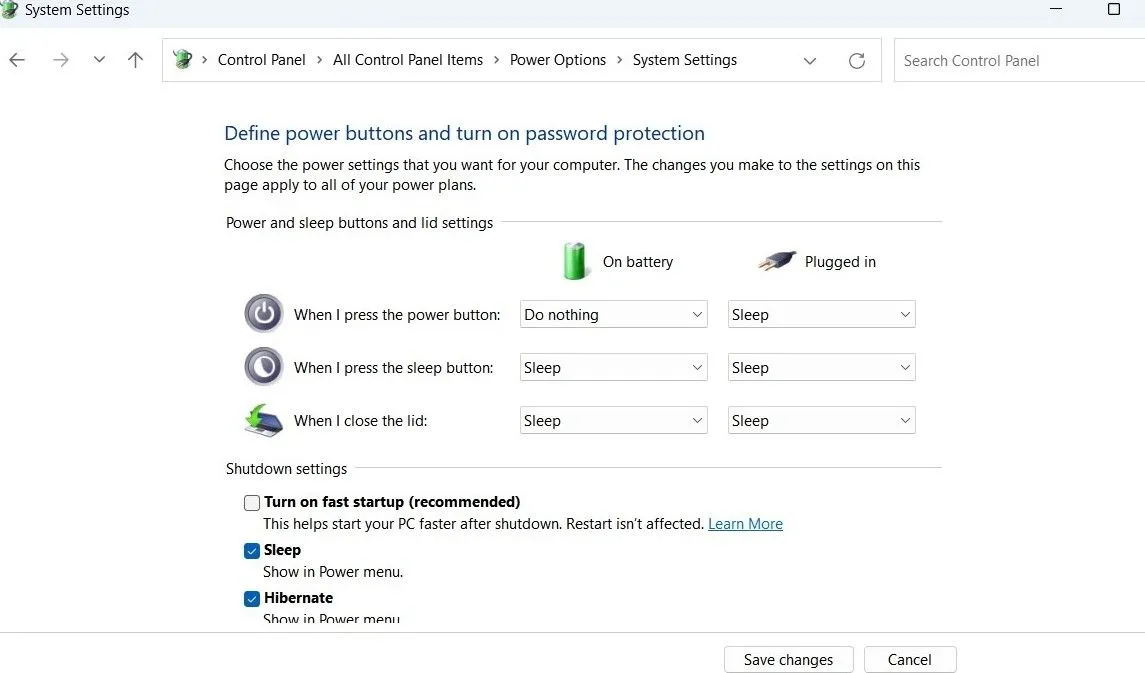 Tắt tính năng khởi động nhanh Fast Startup trong Tùy chọn nguồn điện Windows