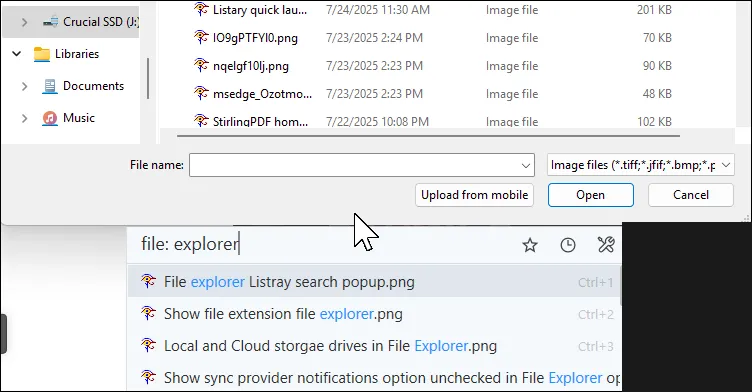 Thanh công cụ Listary trên hộp thoại Lưu hoặc Mở tệp của Windows