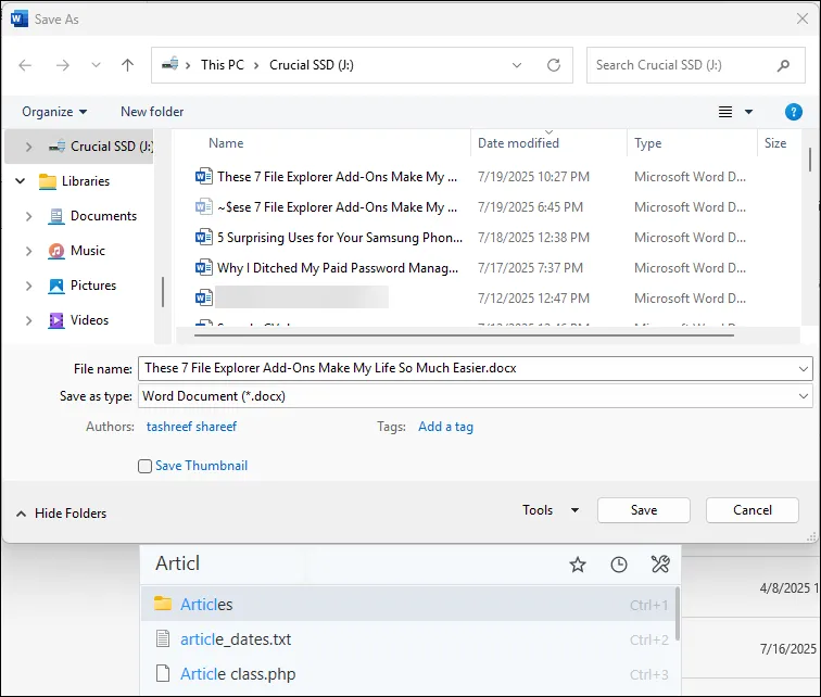 Thanh tìm kiếm nhanh của Listary tích hợp trong hộp thoại Lưu dưới dạng của Microsoft Word