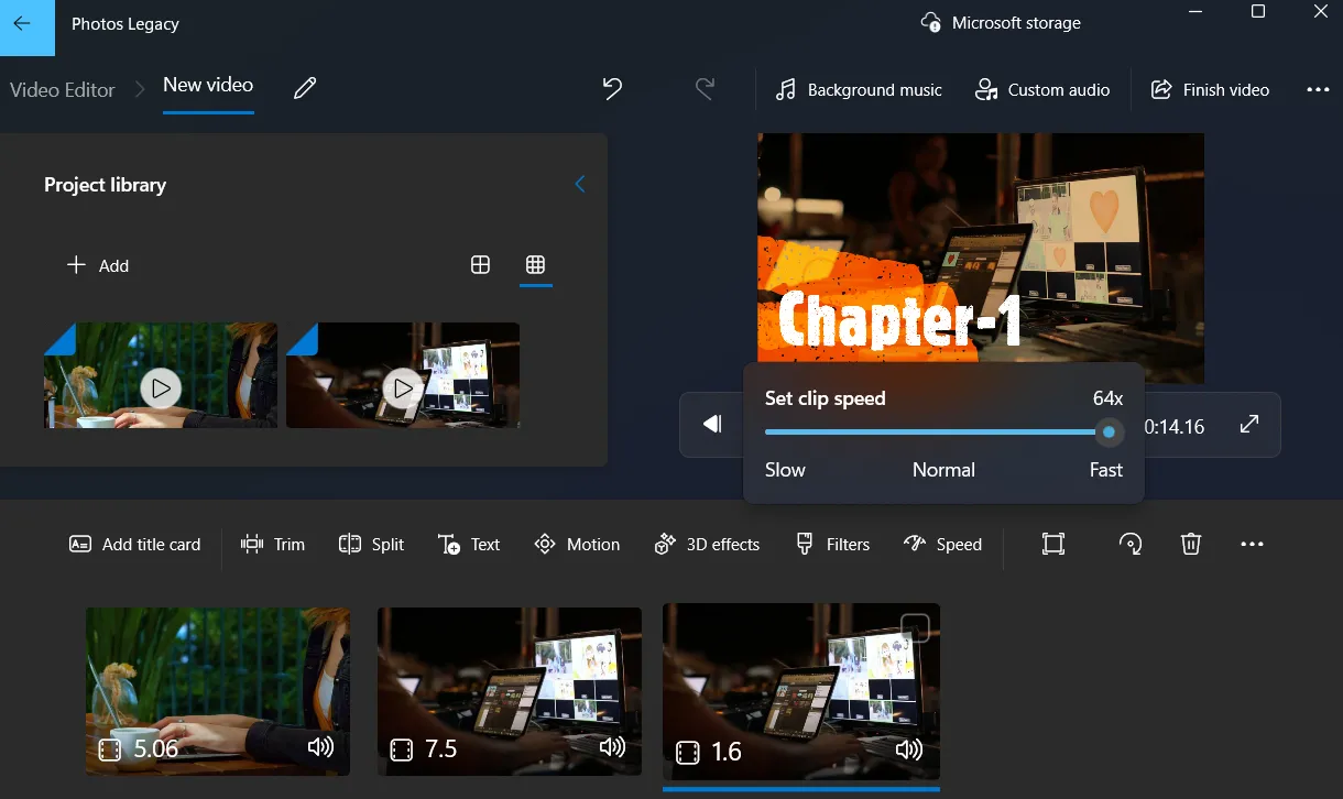 Thanh trượt điều chỉnh tốc độ phát lại video trong Photos Legacy, từ 0.02x đến 64x.