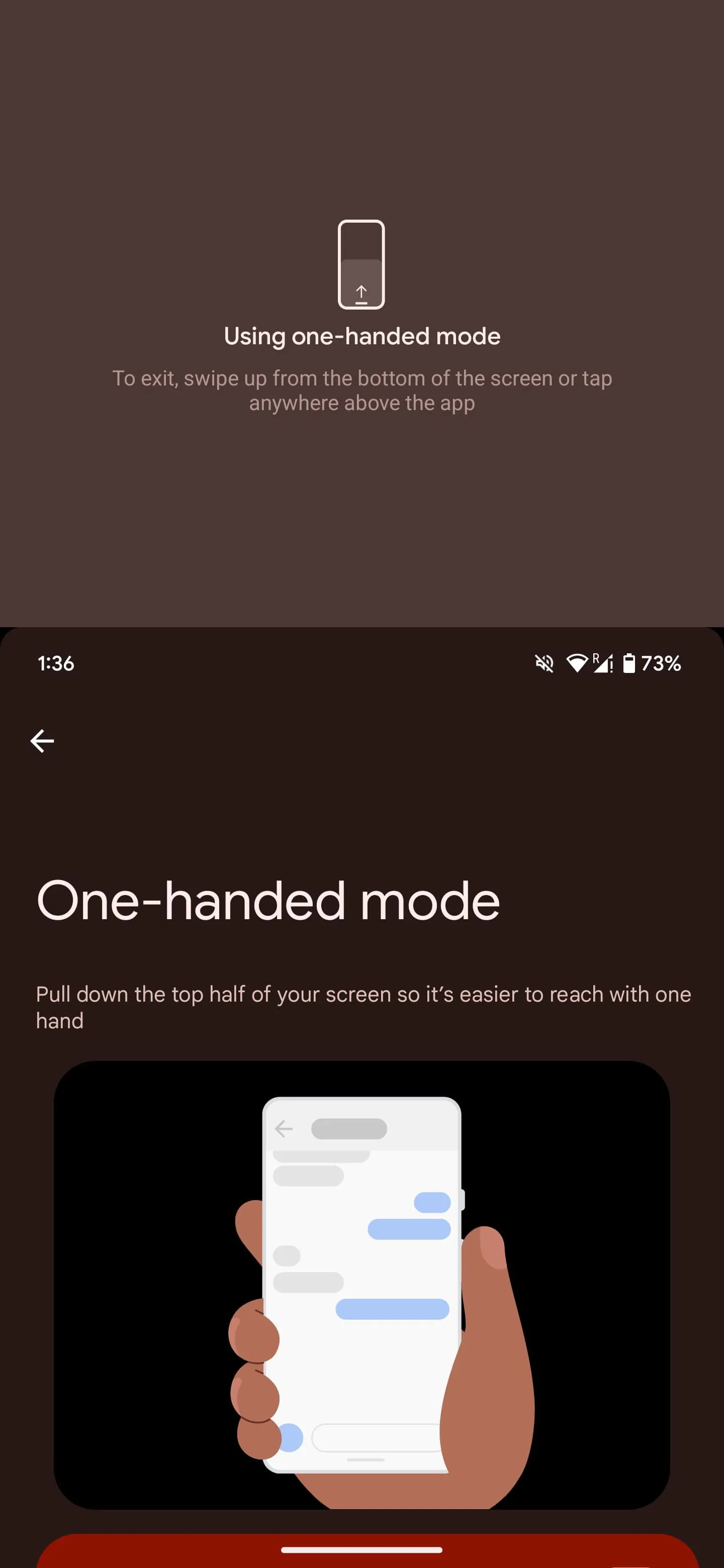 Thao tác kéo màn hình xuống từ cạnh dưới để kích hoạt chế độ một tay trên Android