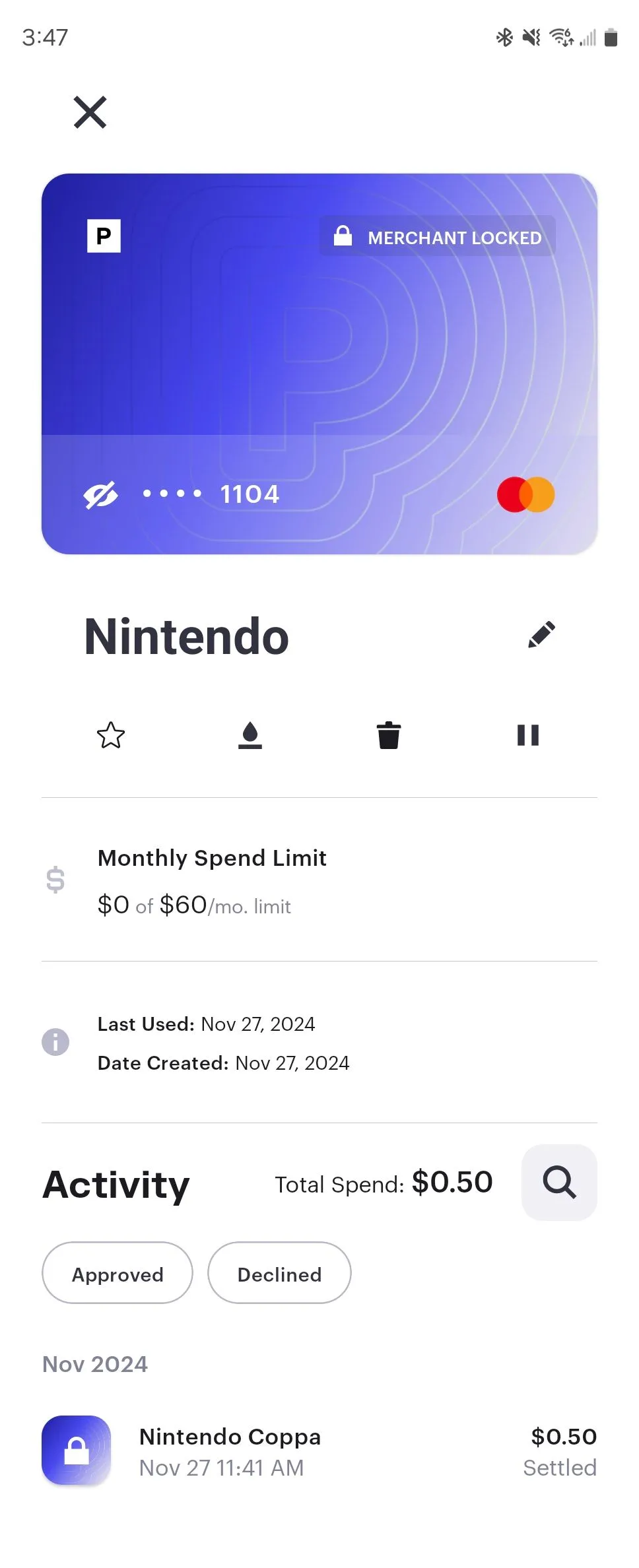 Thẻ tạm thời được tạo cho Nintendo bằng ứng dụng Privacy trên Android.