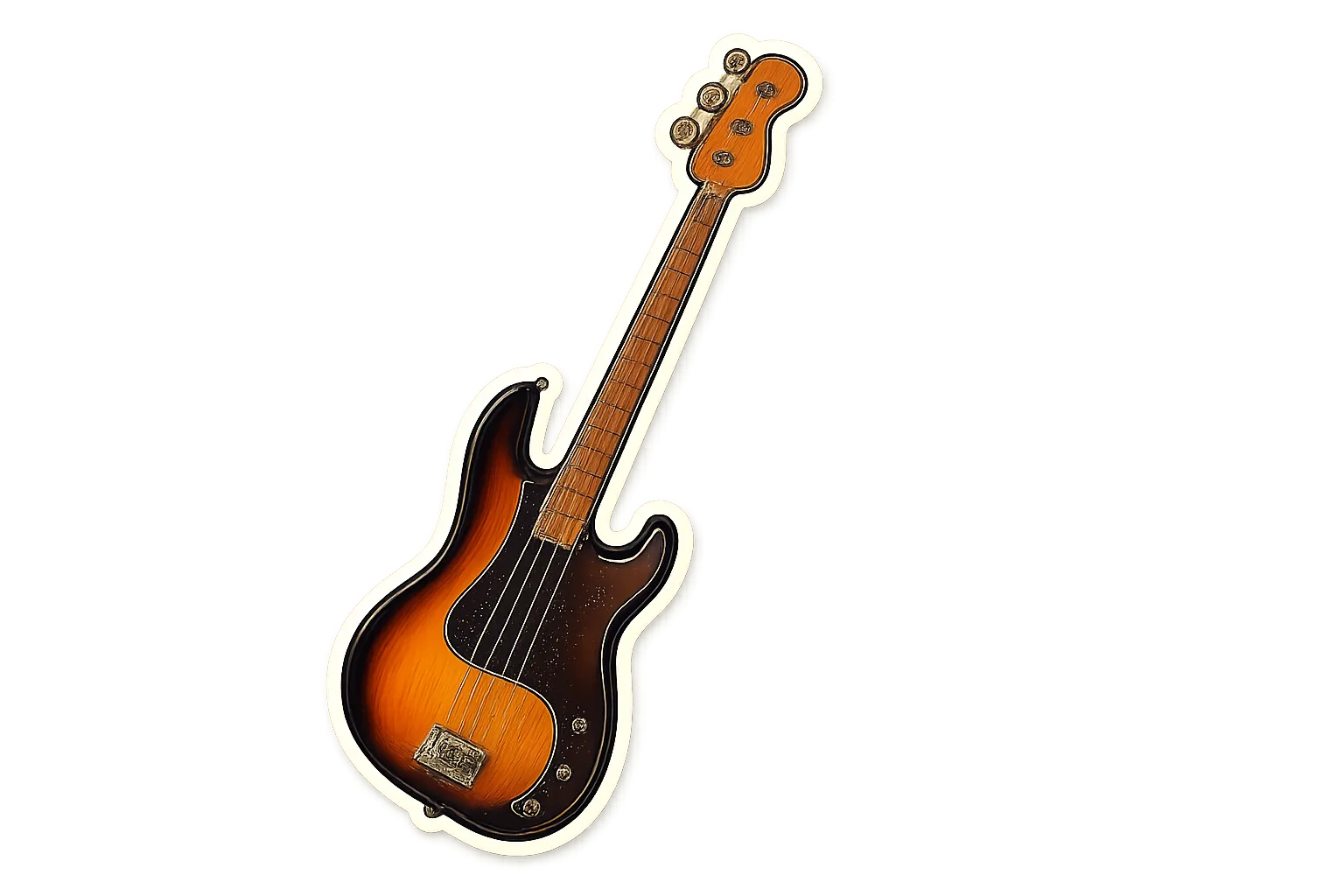 Thiết kế sticker cắt khuôn hình đàn guitar bass điện màu sunburst với đường viền nổi bật, sẵn sàng để in ấn và trang trí vật dụng cá nhân.
