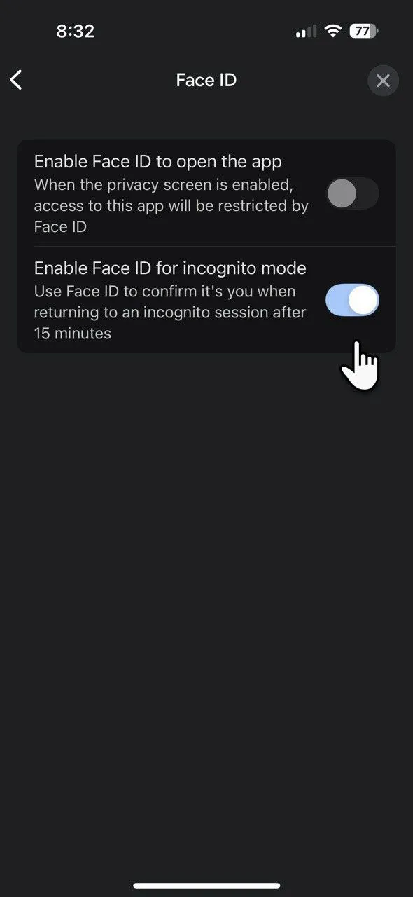 Thiết lập Face ID để khóa chế độ ẩn danh hoặc toàn bộ ứng dụng Google, tăng cường bảo mật cho người dùng iPhone