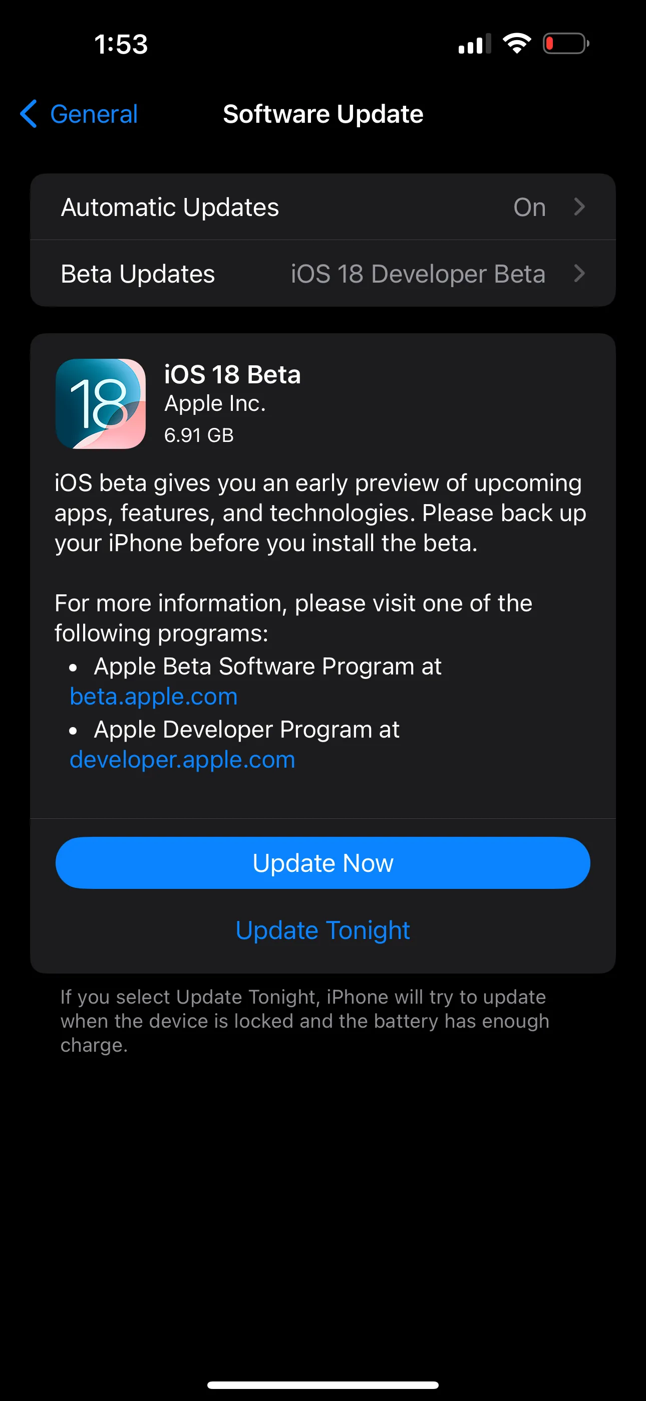 Thông báo cập nhật iOS 18 Beta trên iPhone