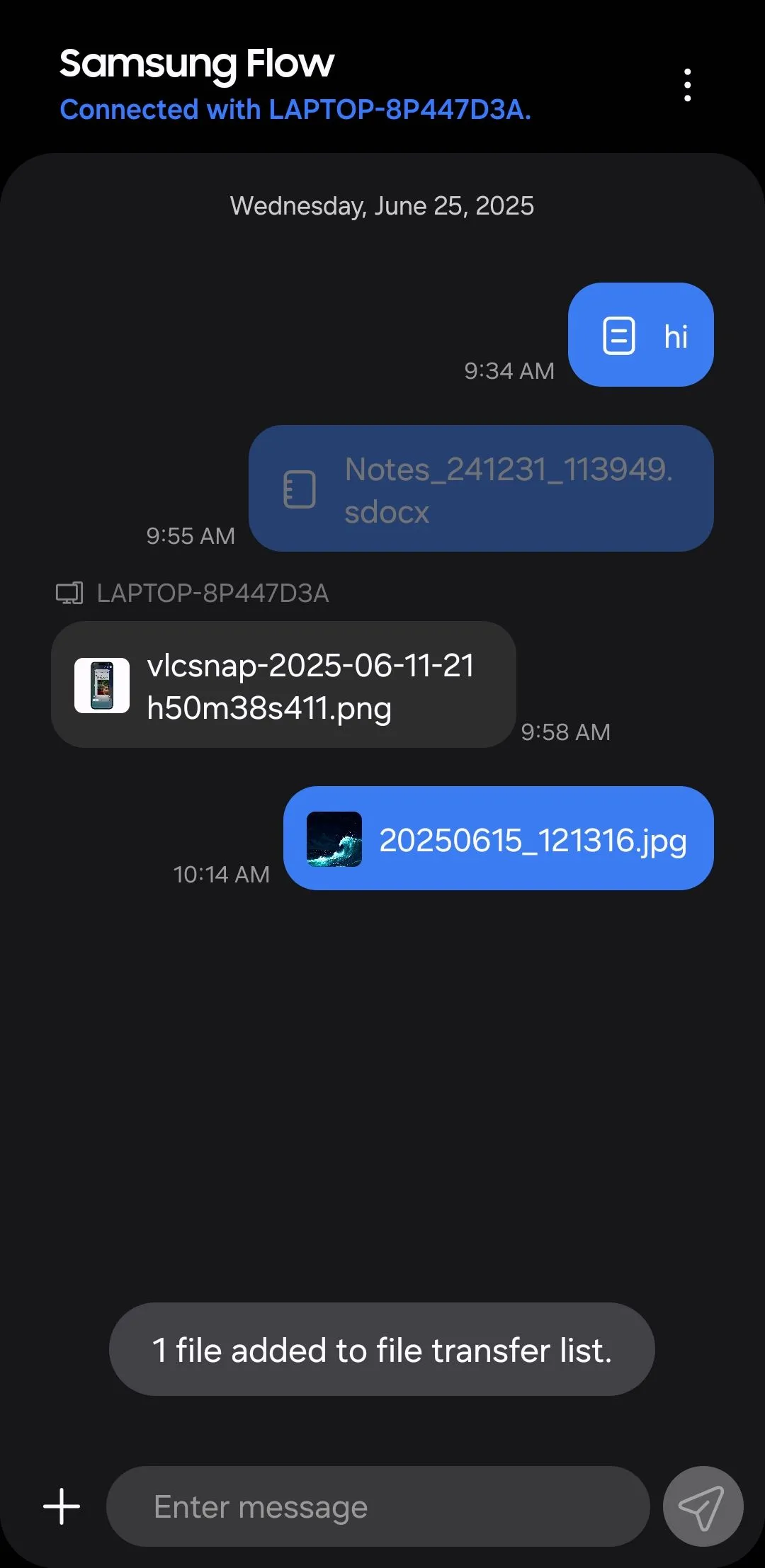 Thông báo 'File sent' trên màn hình điện thoại Galaxy qua ứng dụng Samsung Flow, xác nhận việc gửi file thành công