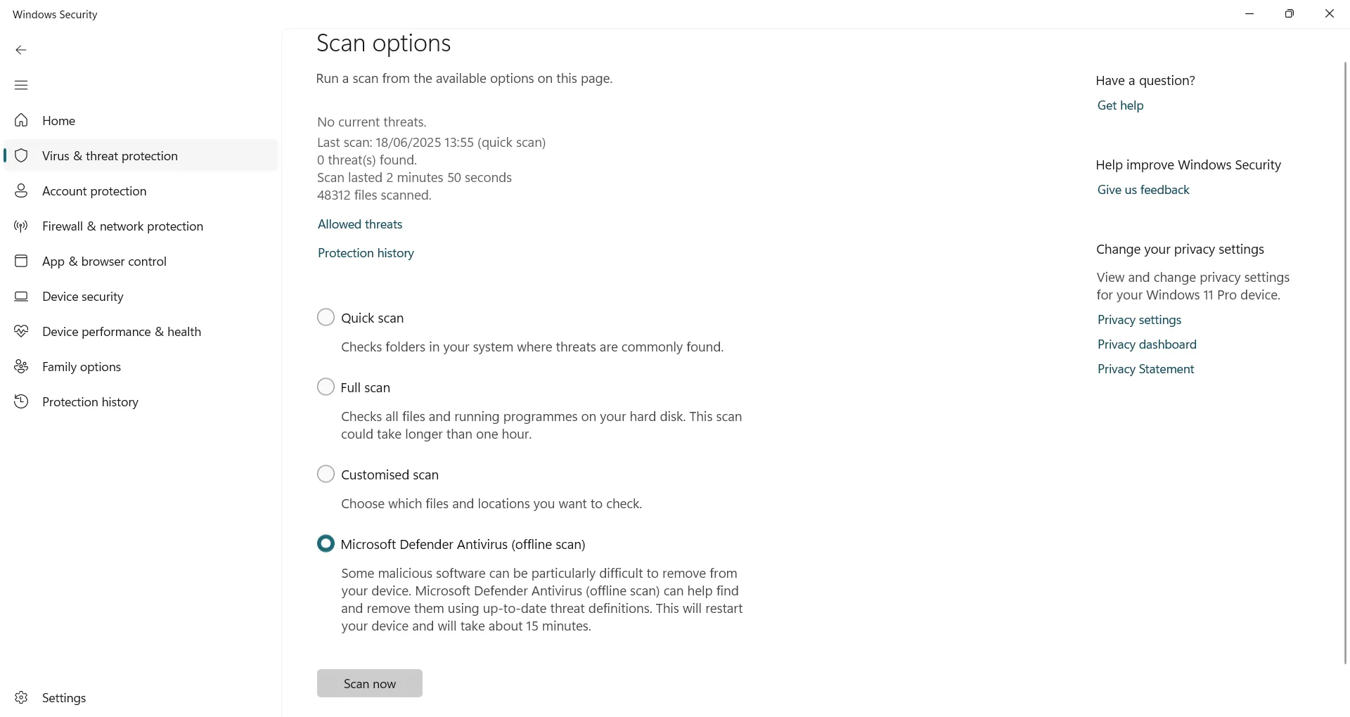 Thực hiện quét ngoại tuyến Microsoft Defender Antivirus