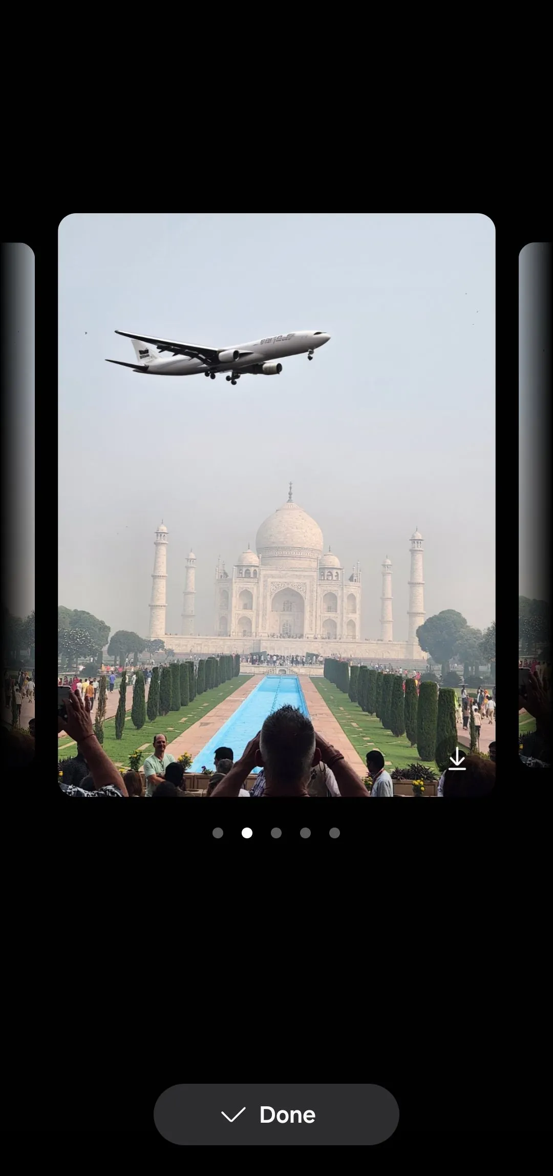 Tính năng Phác thảo thành Ảnh của Galaxy AI cho thấy máy bay trên đền Taj Mahal