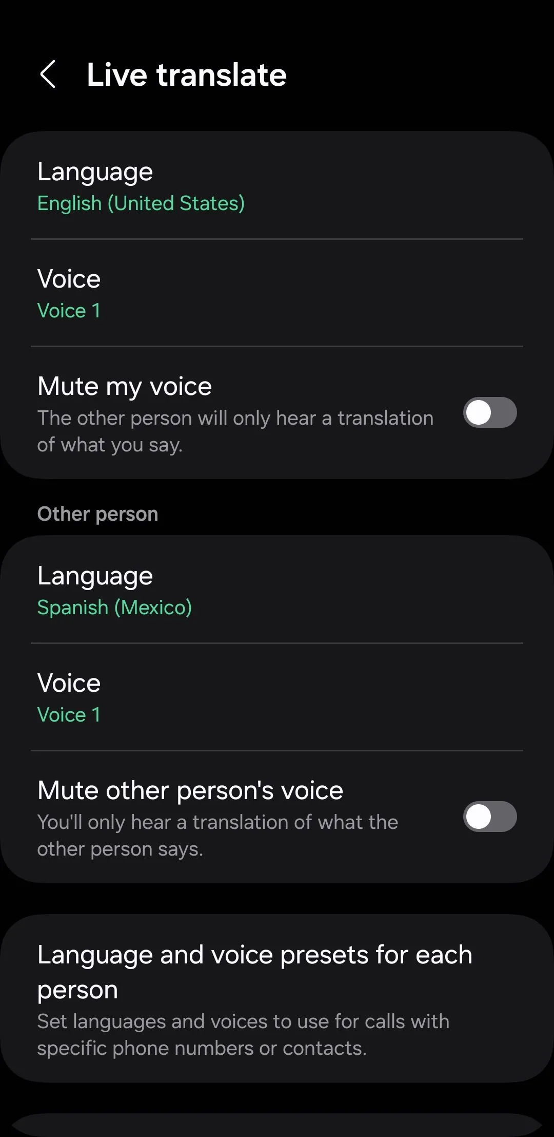 Trang cài đặt tính năng phiên dịch trực tiếp cuộc gọi của Galaxy AI trên điện thoại Samsung