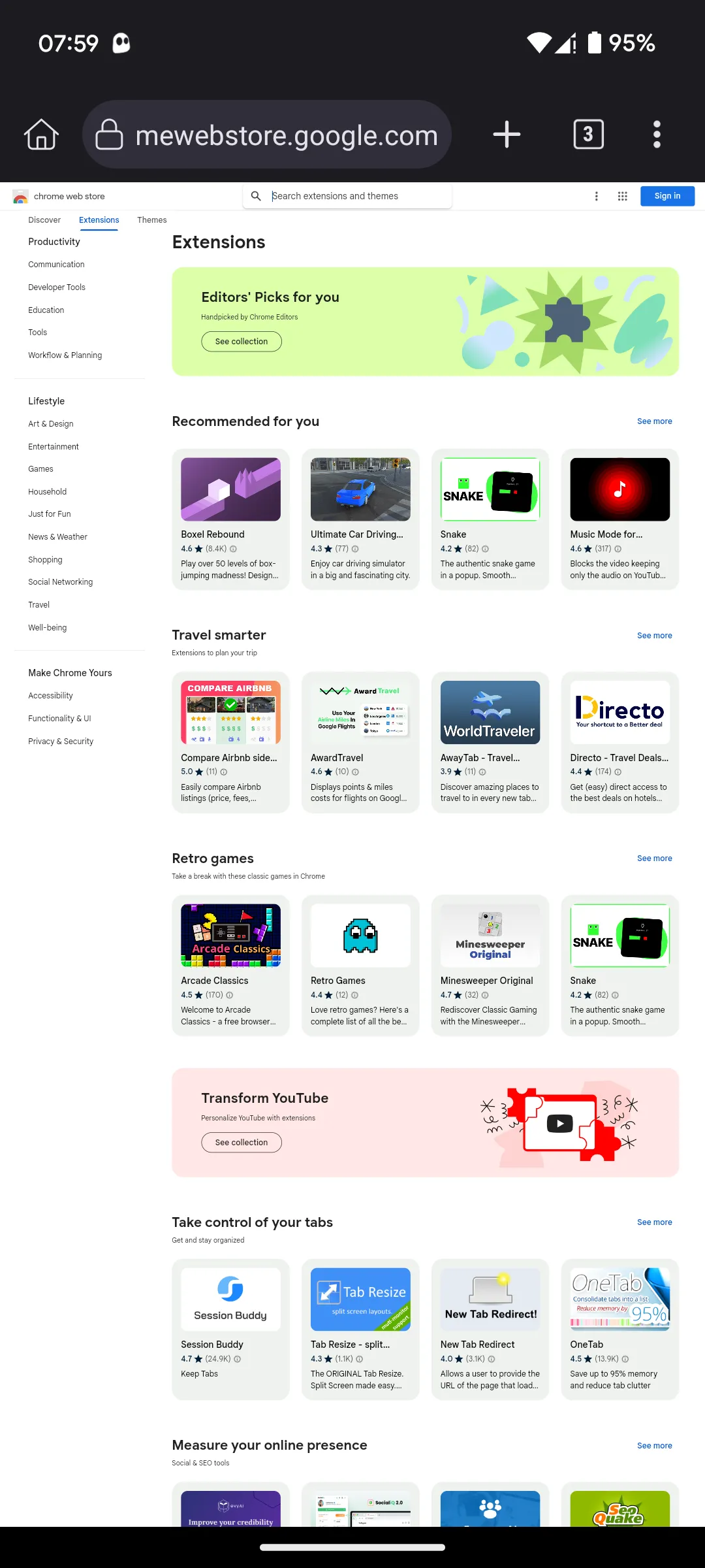 Trang chủ Chrome Web Store trên Kiwi Browser